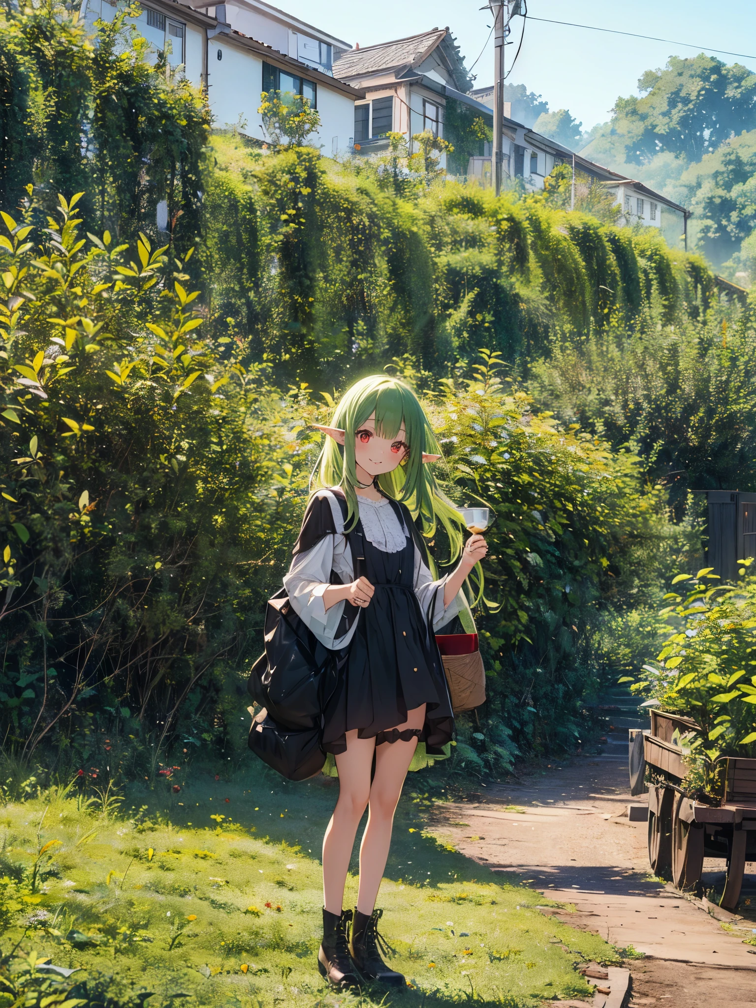 goblin, girl,beautiful face, smile, red eyes, dress, green hair, looking at the viewer, mini skirt, window,Tea picking、harvest、おTea picking、collection、green long hair、elf