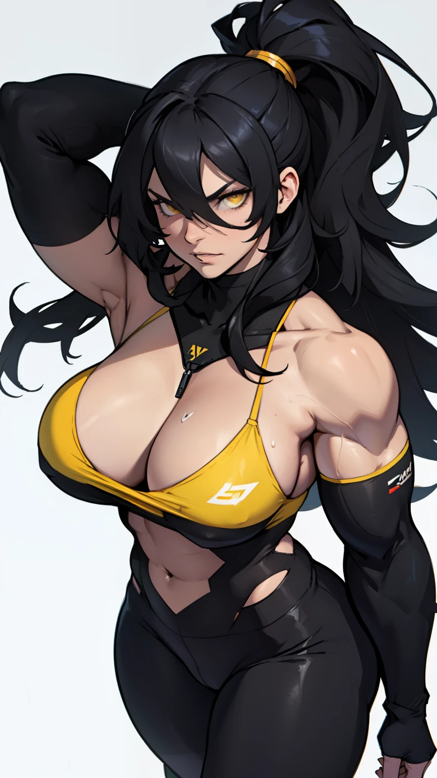 pale angry muscular girl thick breast black hair yellow eyes long hair hair between eyes