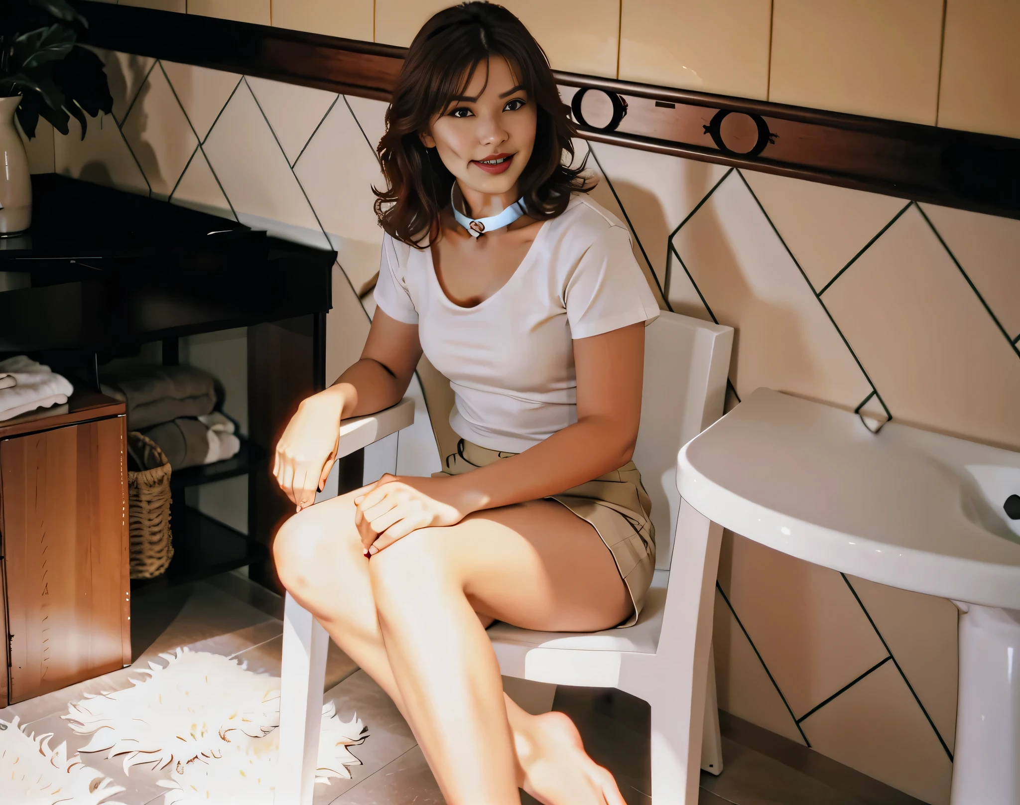tem uma linda brasileira, sentado em uma cadeira no banheiro, pernas cruzadas, Sentado em um banheiro, vestindo uma saia curta bege, camiseta branca com gola. Uma mulher com pele branca e cabelos escuros. Ela tem trinta anos. Seu vermelho, slightly plump lips are like a delicate flower, e ela grande, olhos encantadores parecem conter um mundo de maravilhas. Ela tem 30 anos. Ela tem 162 cm de altura e seu corpo pesa 56 kg. Your body exudes glamor and your face is the definition of beauty. pernas bem torneadas. Altamente realista, pele avermelhada, beautiful lips, sorriso, feeling of lightness and joy, hiperrealismo, pele muito elaborada, olhar direto, trabalho de arte, Foto de alta qualidade, high resolution, 8k.