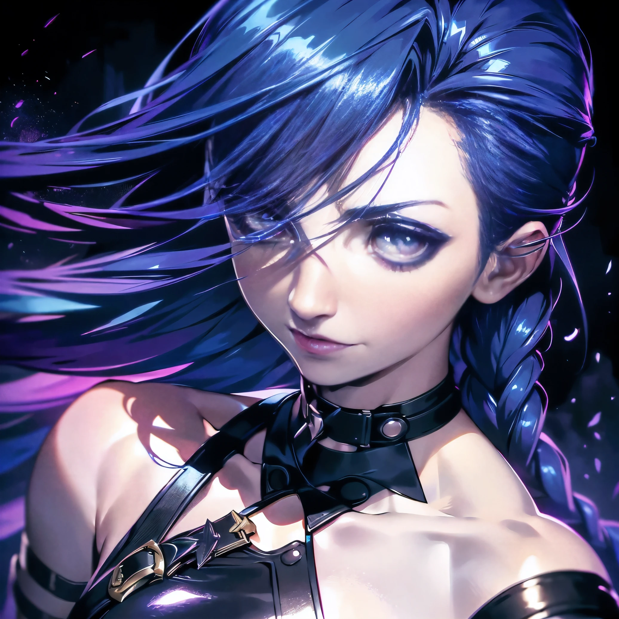 Um ultra-detalhado, high resolution, e realista:1.37 aviso, depicting a mysterious scene inspired by League of Legends champion Jinx. The central focus of the image is a character with his head tilted, olhando para cima com um sorriso estranho. The character's eyes are exceptionally detailed, radiating a sense of mystery and intensity. The lips are also beautifully detailed, presenting a seductive expression, mas sinistra. The overall atmosphere is dark and mysterious, with shadows and low lighting increasing the mysterious atmosphere. Image quality is top-notch, With intricate detail and sharp focus. O estilo de arte inclina-se para a arte conceitual, misturando elementos de fantasia com um toque de realismo. The color palette is predominantly dark and moody, with vibrant pops of color used to highlight specific areas. Lighting is positioned to create dramatic effects, casting shadows and lighting the scene with an eerie glow.