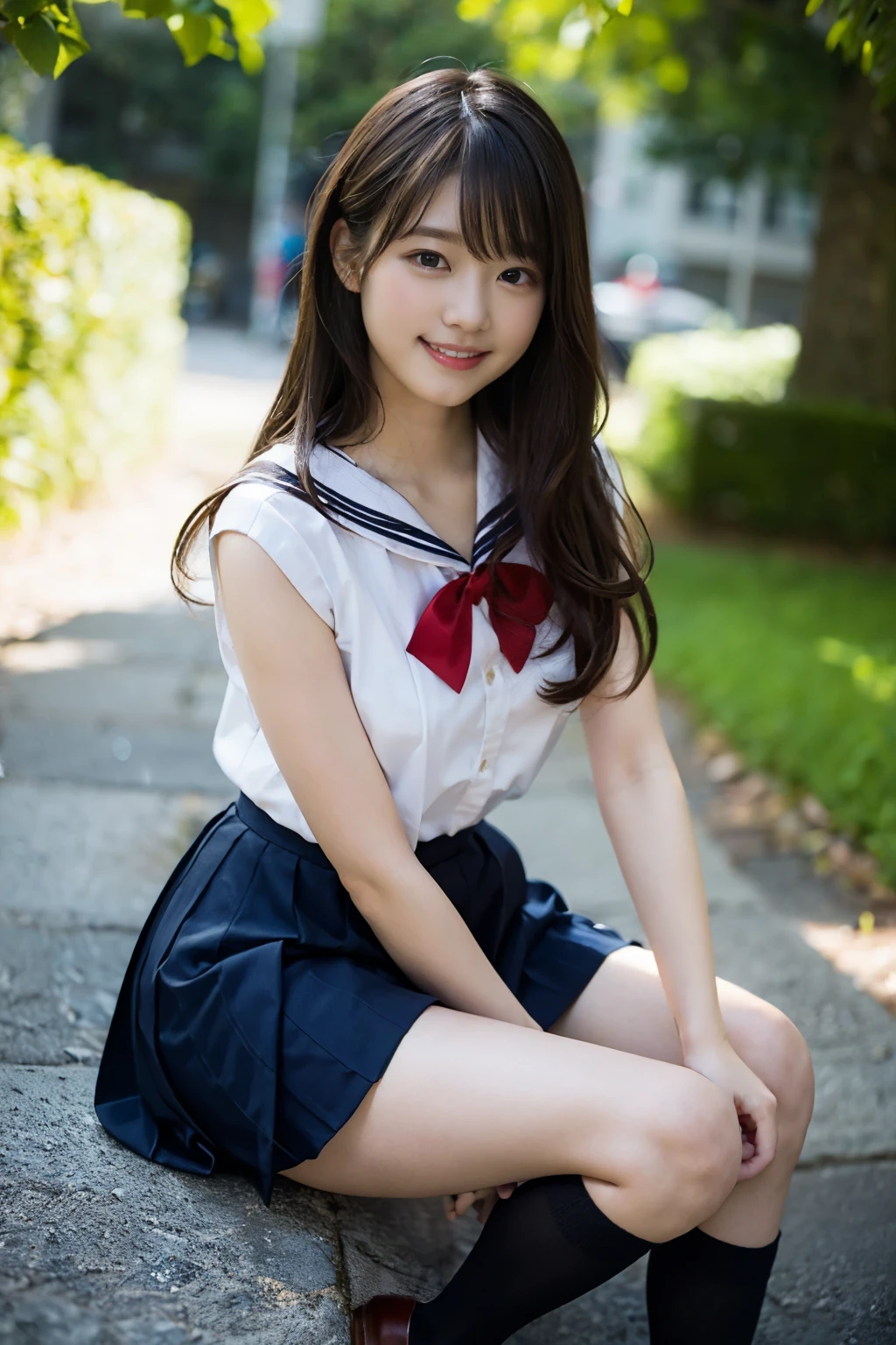 (8K、Raw photography、top-quality、masterpiece:1.2)、(realisitic、Photorealsitic:1.37)、ultra-detailliert、超A high resolution、女の子1人、see the beholder、beautifull detailed face、A smile、Constriction、(Slim waist) :1.3)、Beautiful detailed skin、Skin Texture、Floating hair、Professional Lighting、Whole human body、Longhaire、a blond、japanese hight school uniform、a sailor suit、Bob Hair、E-cup、Happy smile、、Red ribbons、a baby face、Childisuppin、Moisturizing lips、Thin pink lips、Dark blue skirt、Dark blue knee-high socks、white thighhig、Healthy body、full bodyesbian