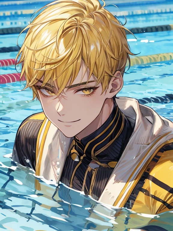 extremely detailed, 1 man, solo, perfect face, pretty face, highly detailed face,yellow short hair, yellow eyebrows、Handsome man with expressive eyes, smiling, yellow eyes、(((Swimming)))、(muste piece), (best quality)、Huangze Ryota