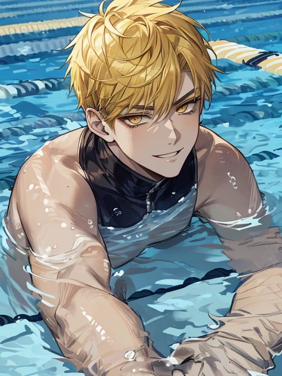 extremely detailed, 1 man, solo, perfect face, pretty face, highly detailed face，yellow short hair, yellow eyebrows、Handsome man with expressive eyes, smiling, yellow eyes、(((Swimming)))、(muste piece), (best quality)、Huangze Ryota
