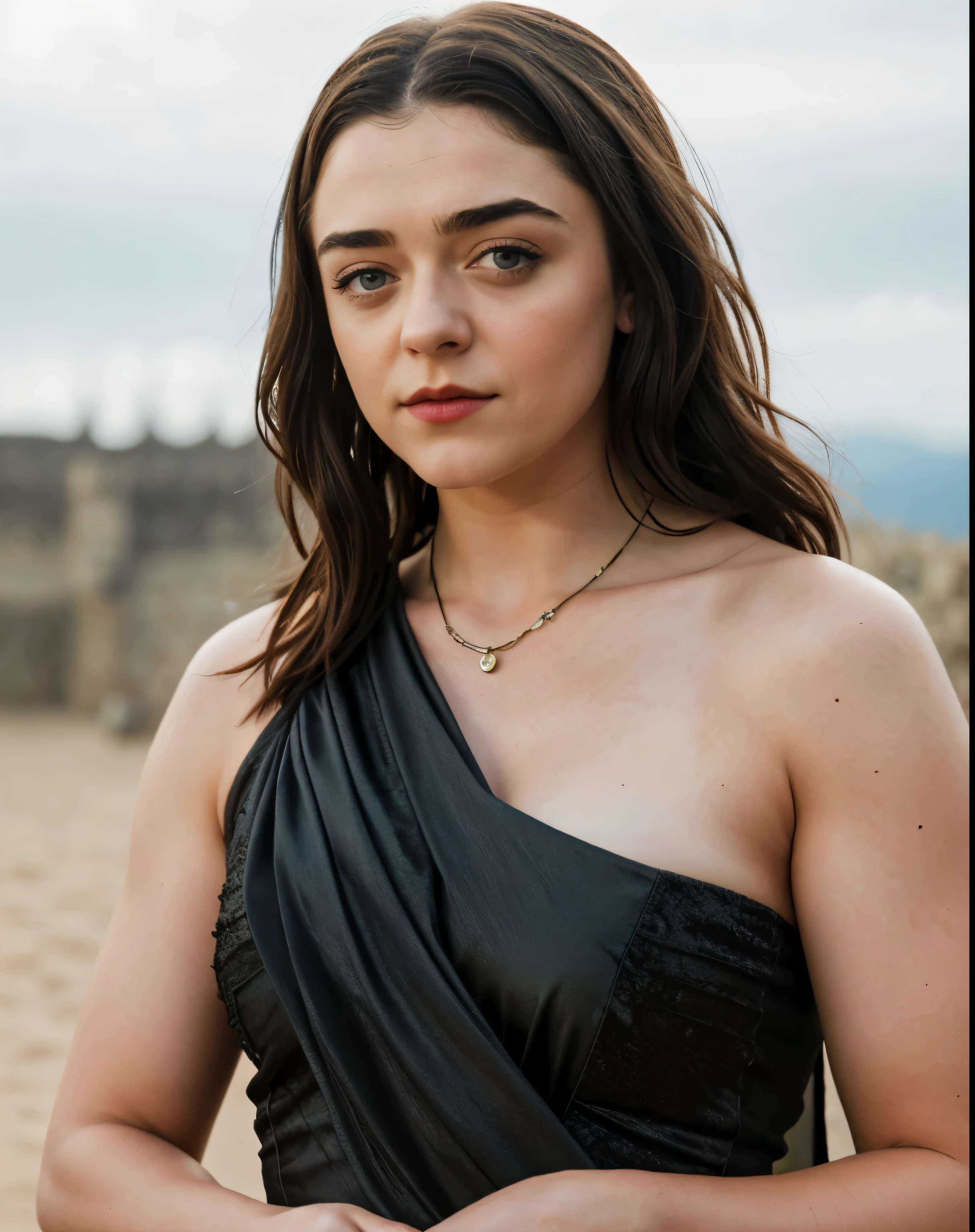 Foto RAW, RAW photograph of Maisie Williams as Arya Stark, Arya Stark, mediaeval world cinematic background, Extremely gorgeous lady, Arya Stark PLAYED BY MAISIE WILLIAMS, Queen Arya Stark, she  a mature woman now, milf, sexy mediaeval battle dress, gladiator woman, body, 40 years old Woman, body revealing costumes, perky breast, skin pores, big natural breast, erotic costumes, lusty physique, seductive figure can capture every people's attention, Game of thrones costumes, revealing captivating figure, Mediaeval costumes, revealing clothes, A tomboy, she would rather fence than dance, red lips, warrior queen , game of thrones screen caps, Game of Thrones Series, (pele altamente detalhada: 1.2), 8k UHD, DSLR, soft-lighting, alta qualidade, grain of film, Fujifilm XT3, flawless picture, highly detailed, detailed Beauty, intricate, 32k, sharp picture,