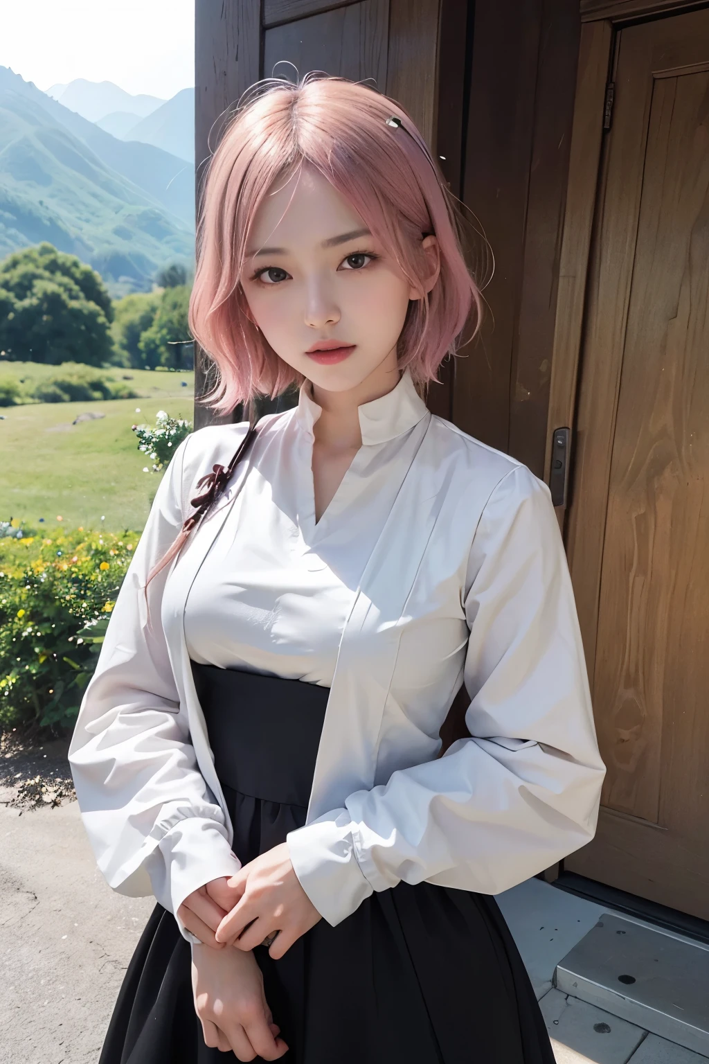 (8K, top-quality, masterpiece:1,2), (reallistic, Photorealsitic:1.37), Super Detail, One girl,), (Highly detailed), (beautifully detailed eyes), (of the highest quality), (super detailed ), (masterpiece), (Detailed face),20yr old, ,1 girl, full body, pink hair,Very short hair, medium breasts, clothed, Perfect Lighting, pussy and breast focus, looking at viewer, aroused face, naughty face, Composition: Generate a realistic image of a Japanese nun walking in the mountains.
Clothing: Dress the nun in traditional attire.
Expression: Capture any suitable expression for the nun.
Accessories: Choose accessories that complement the nun's outfit.
Pose: Depict the nun walking.
(high quality:1.2) Adjust the prompt as needed for improved image quality.
