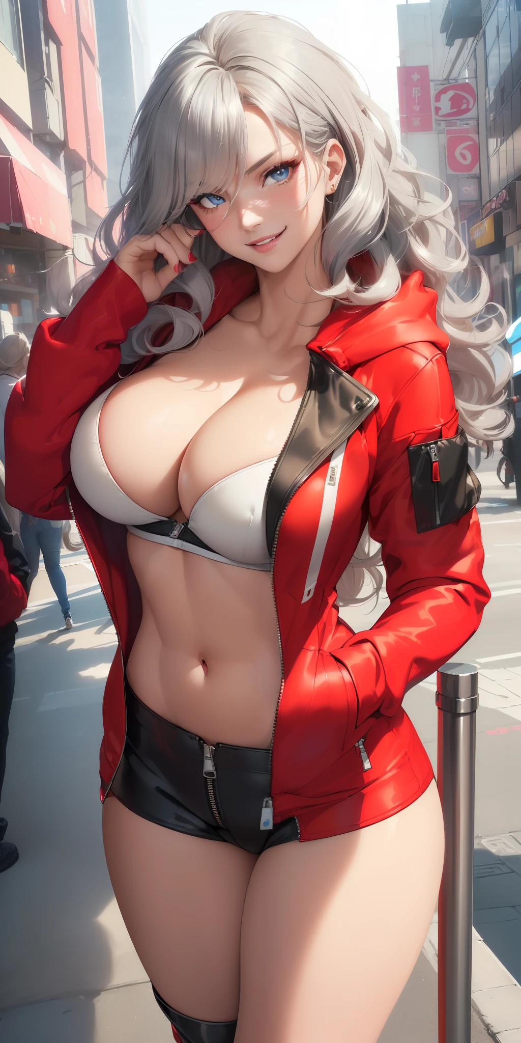 ((bust- 89 cm)) ((waist- 70cm)) ((hips- 92cm) ((beautiful and cute 30 years old)), ((beautiful and cute 25 years old)) , ((silver, wavy hair, phone by ear)), double eyelids, blue eyes, clear and detailed, hyper detailed, light effect on the eyes, detailed iris, sensual body, perfect waist, ((red hooded jacket with open zipper and long sleeves, ripped pants, cool, cleavage, )) , ((masterpiece, hyper realistic, hyper detailed, best quality, 16k, light and shadow on the skin, vivid colors) ), eyeliner, sensual expression, perfect lips, innocent and sexy face, ( (skin with light and shadow), beautifully seductive and shy, perfect pink lips, sensual expression, mischievous smile ((she is a beautiful milf)), flirting with the viewer, on the street, sensual pose, ((in the city)), ( (beautiful and perfect))