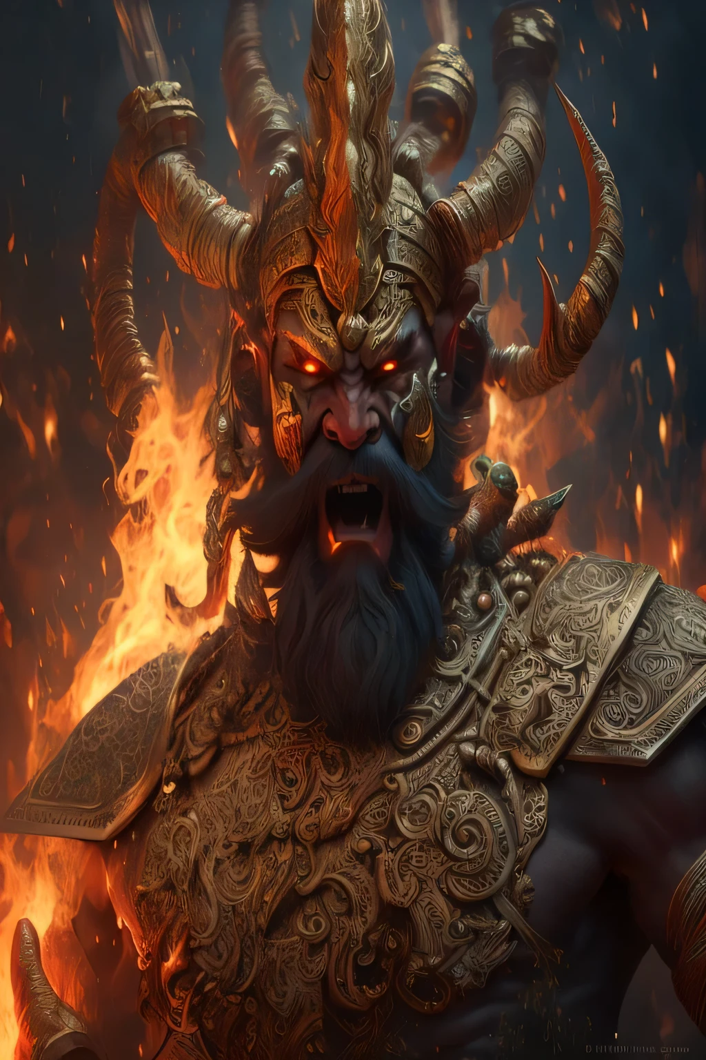 a close up of a man with a horned head and a beard, asura from chinese myth, Chengwei Pot at Art Station, Narasimha, trends on artstation:3, trends in Artstation, Art Station on the rise, Vencedor do concurso Artstation, minotaur from path of exile, personagem de fantasia hiperdetalhado, fire demon, trends on artstation hq