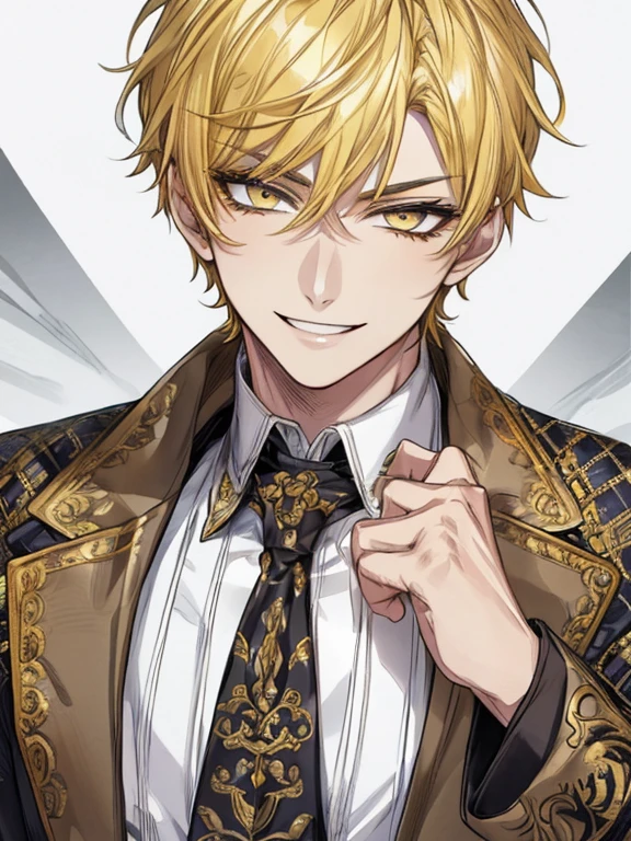 extremely detailed, 1 man, solo, perfect face, pretty face, highly detailed face，yellow short hair, yellow eyebrows、Handsome man with expressive eyes, smiling, yellow eyes、(((Idol)))、(muste piece), (best quality)、Upper body