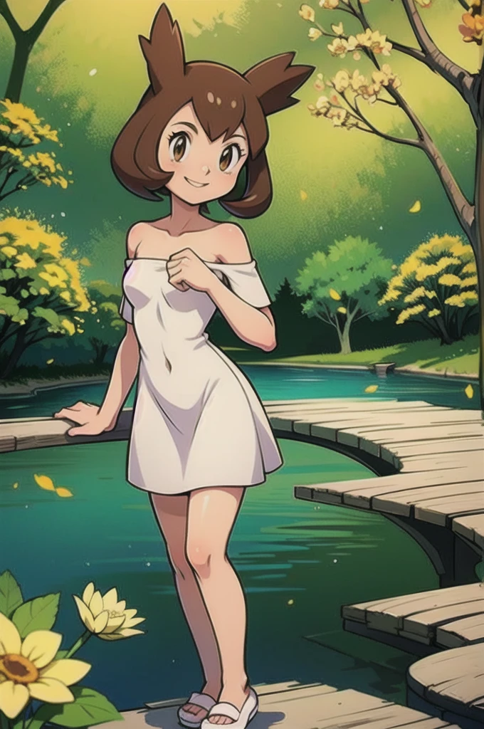 Bianca (pokemon heroes), 1 girl, brown hair, brown eyes, white dress, off shoulders, white slippers, intricate details, sharp focus, high resolution, the background of beautiful flower park with trees and canals, beautiful sunny day, smile