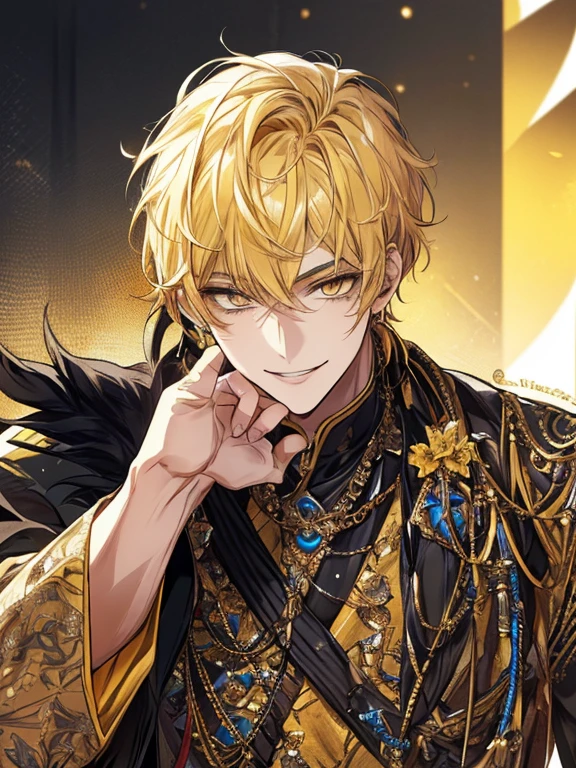 extremely detailed, 1 man, solo, perfect face, pretty face, highly detailed face，yellow short hair, yellow eyebrows、Handsome man with expressive eyes, smiling, yellow eyes、(((Idol)))、(muste piece), (best quality)、model pose