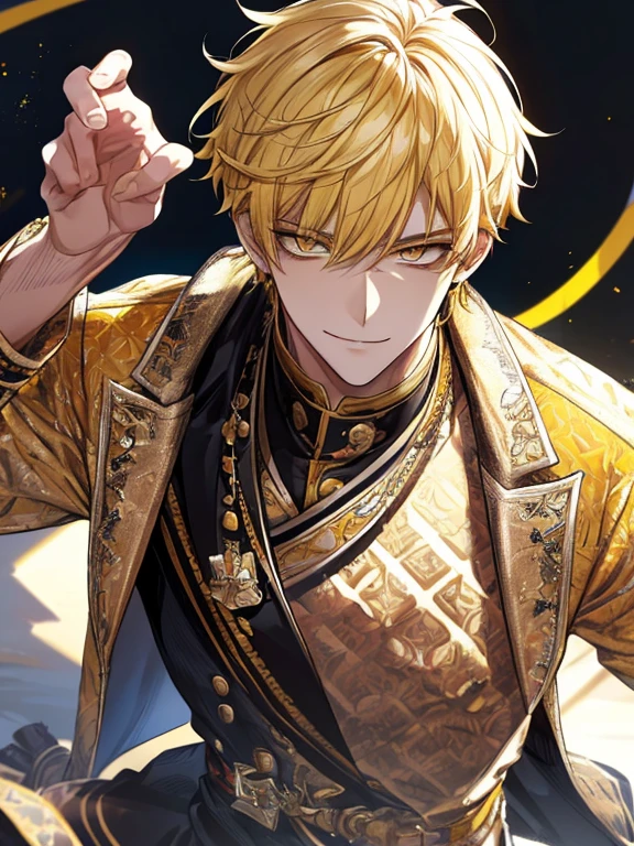 extremely detailed, 1 man, solo, perfect face, pretty face, highly detailed face,yellow short hair, yellow eyebrows、Handsome man with expressive eyes, smiling, yellow eyes、(((Idol)))、(muste piece), (best quality)、whole body