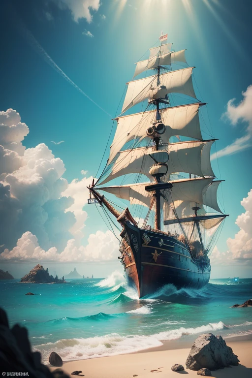 A pirate ship with pirates on board has docked at an island. The ship is made of dark wood, with tattered sails and a skull and crossbones flag flying high. The pirates are rugged and fierce-looking, wearing tattered clothes and holding sharp swords and pistols. The ship is surrounded by crystal-clear turquoise waters, with vibrant coral reefs visible beneath the surface. The island is lush and green, with palm trees swaying in the ocean breeze. The sky above is a breathtaking artwork of vibrant colors, with fluffy white clouds forming different shapes. The sunlight casts a warm golden hue over the entire scene, creating a sense of adventure and mystery. The image quality is of the highest standard, with ultra-defined details and sharp focus. The colors are vivid and rich, enhancing the overall impact of the image. The lighting is dramatic and highlights the contours and textures of the pirate ship, pirates, and the island, giving the image a realistic and captivating feel.