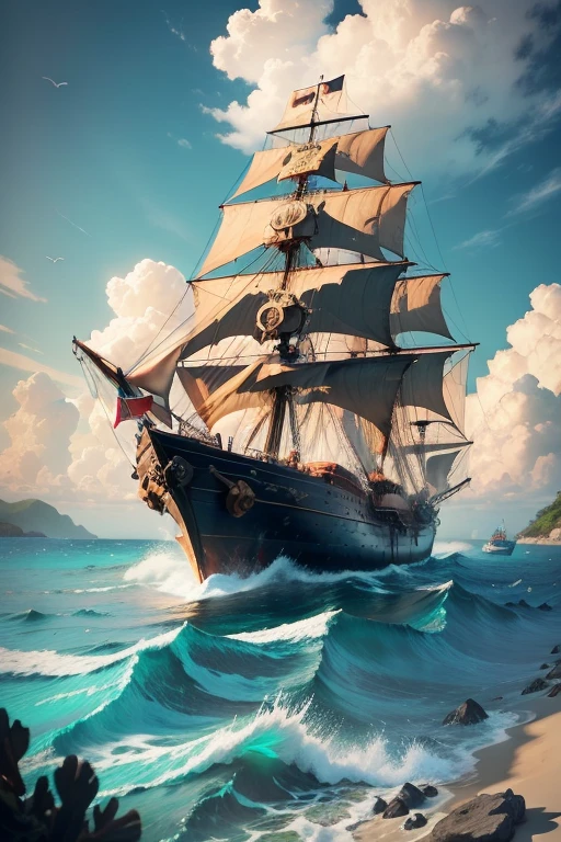 A pirate ship with pirates on board has docked at an island. The ship is made of dark wood, with tattered sails and a skull and crossbones flag flying high. The pirates are rugged and fierce-looking, wearing tattered clothes and holding sharp swords and pistols. The ship is surrounded by crystal-clear turquoise waters, with vibrant coral reefs visible beneath the surface. The island is lush and green, with palm trees swaying in the ocean breeze. The sky above is a breathtaking artwork of vibrant colors, with fluffy white clouds forming different shapes. The sunlight casts a warm golden hue over the entire scene, creating a sense of adventure and mystery. The image quality is of the highest standard, with ultra-defined details and sharp focus. The colors are vivid and rich, enhancing the overall impact of the image. The lighting is dramatic and highlights the contours and textures of the pirate ship, pirates, and the island, giving the image a realistic and captivating feel.