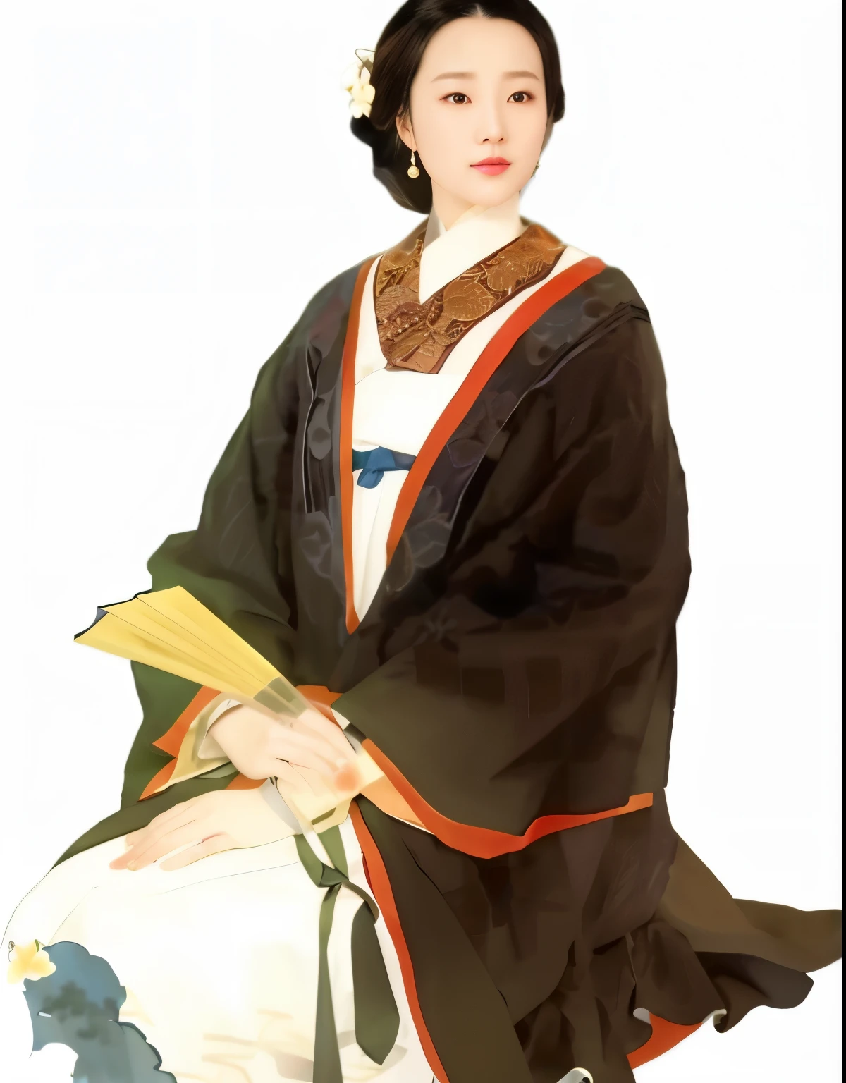 Close-up of a woman in a kimono sitting on a chair, fan in hand，HD，super resolution，Super detailed，Inspired by Yoon Doo-ri, Pair with Chinese clothing, Inspired by Gu Kaizhi, elegant japanese woman, palace ， A girl wearing Hanfu, Inspired by Qiu Ying, wearing chinese clothes, Inspired by Song Huizong, Inspired by Tang Yin, chinese woman