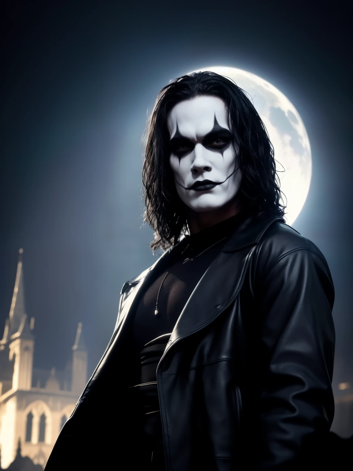 Cinema poster of the character "The Crow".  A hyper-realistic cinematic image of The Crow in front of a Gothic Church.  (( The Crow V.IT Face, White face with black makeup )), The gothic Church is a dark concrete skyscraper with illuminated windows and street lights. The Crow is wearing a blackblack overcoat, and black boots. He has long black hair, white face with black makeup. Wearing a The Crow Costume. He in a fighting stance, with his fingers clenched into fists. A black raven sits on his shoulder, looking at the horizon. The full moon is shining in the sky, illuminating the scene with a soft, bluish light. cinematic blue lighting, meticulous, elaborate, complex, sophisticated, refined, exquisite, delicate, precise, accurate, high resolution, pixels, DPI, saturation, contrast, HDR, cinematic lighting, shadows, reflections, special effects. DETAILED FACE, intricate. ((Black Background))