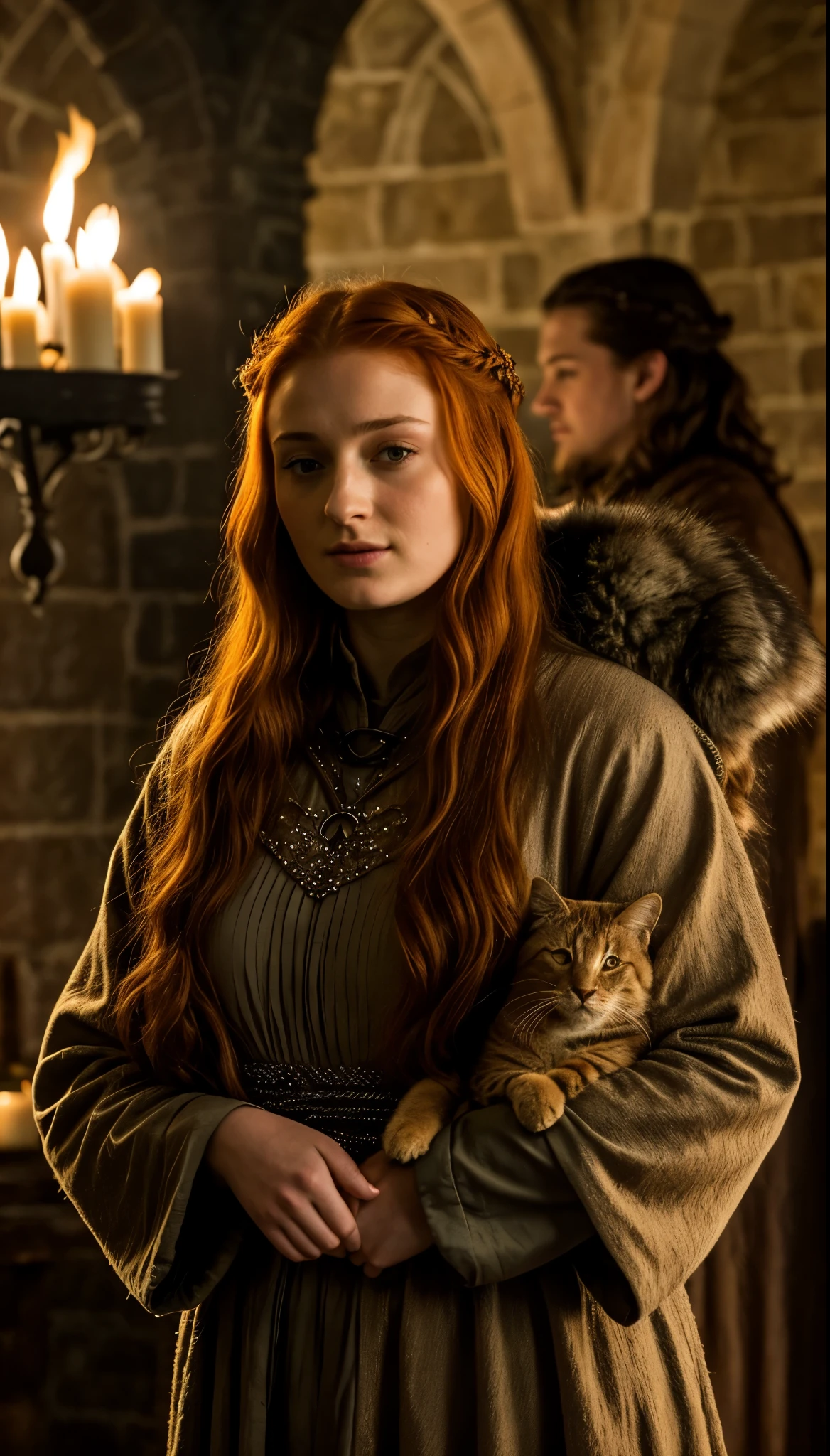 Foto RAW, Sansa Stark PLAYED BY SOPHIE TURNER Ned and Cat's oldest daughter. Demure and ladylike, her dream to marry Prince Joffrey. Her direwolf named Lady , Game of Thrones Series, (pele altamente detalhada: 1.2), 8k UHD, DSLR, soft-lighting, alta qualidade, grain of film, Fujifilm XT3