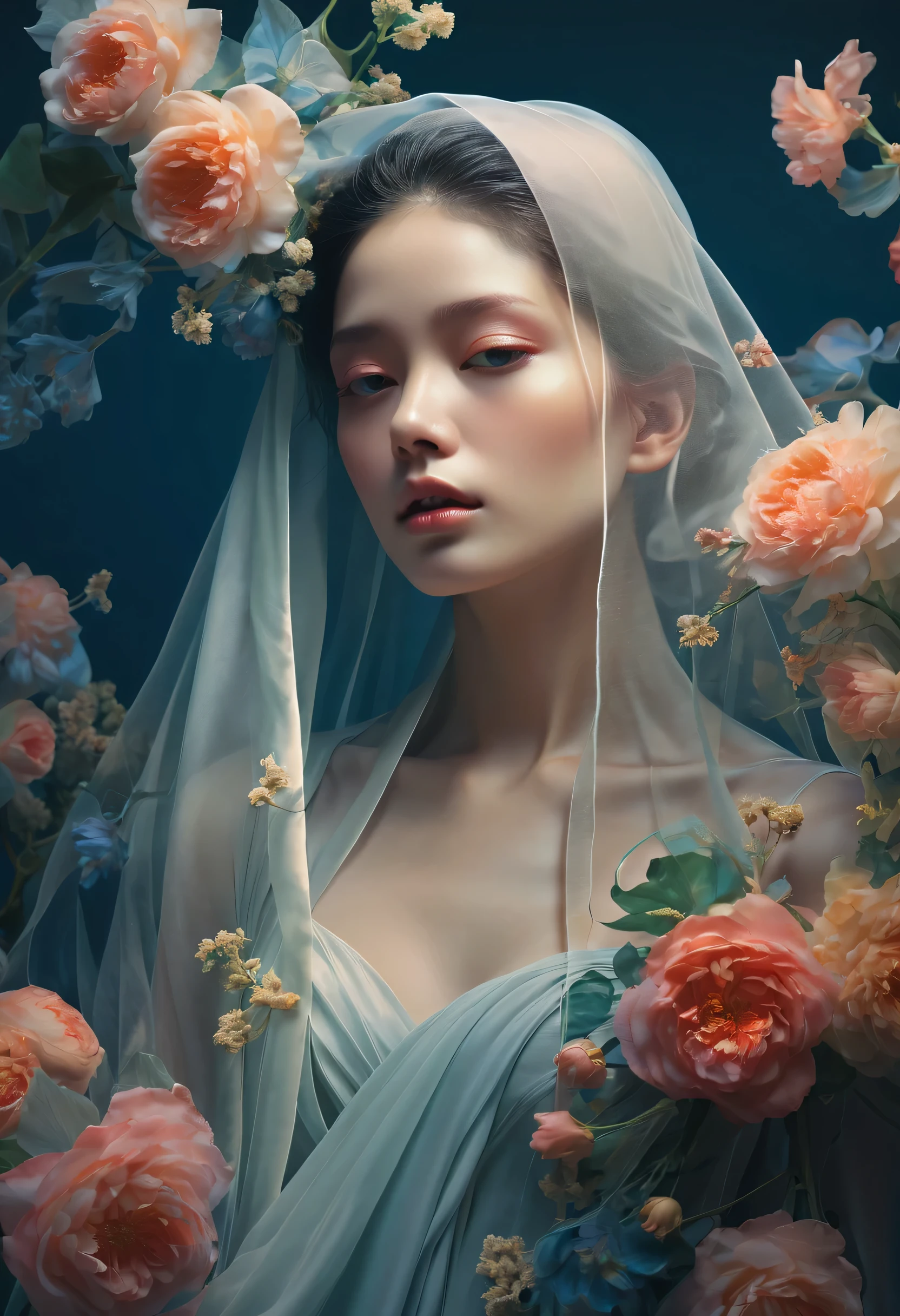 arafed image of a woman with a veil and flowers, digital art inspired by Yanjun Cheng, tumblr, digital art, yanjun chengt, jingna zhang, james jean soft light 4 k, james jean soft light 4k, a stunning young ethereal figure, ethereal beauty, exquisite digital illustration, incredibly ethereal, dreamy art, james jean and wlop