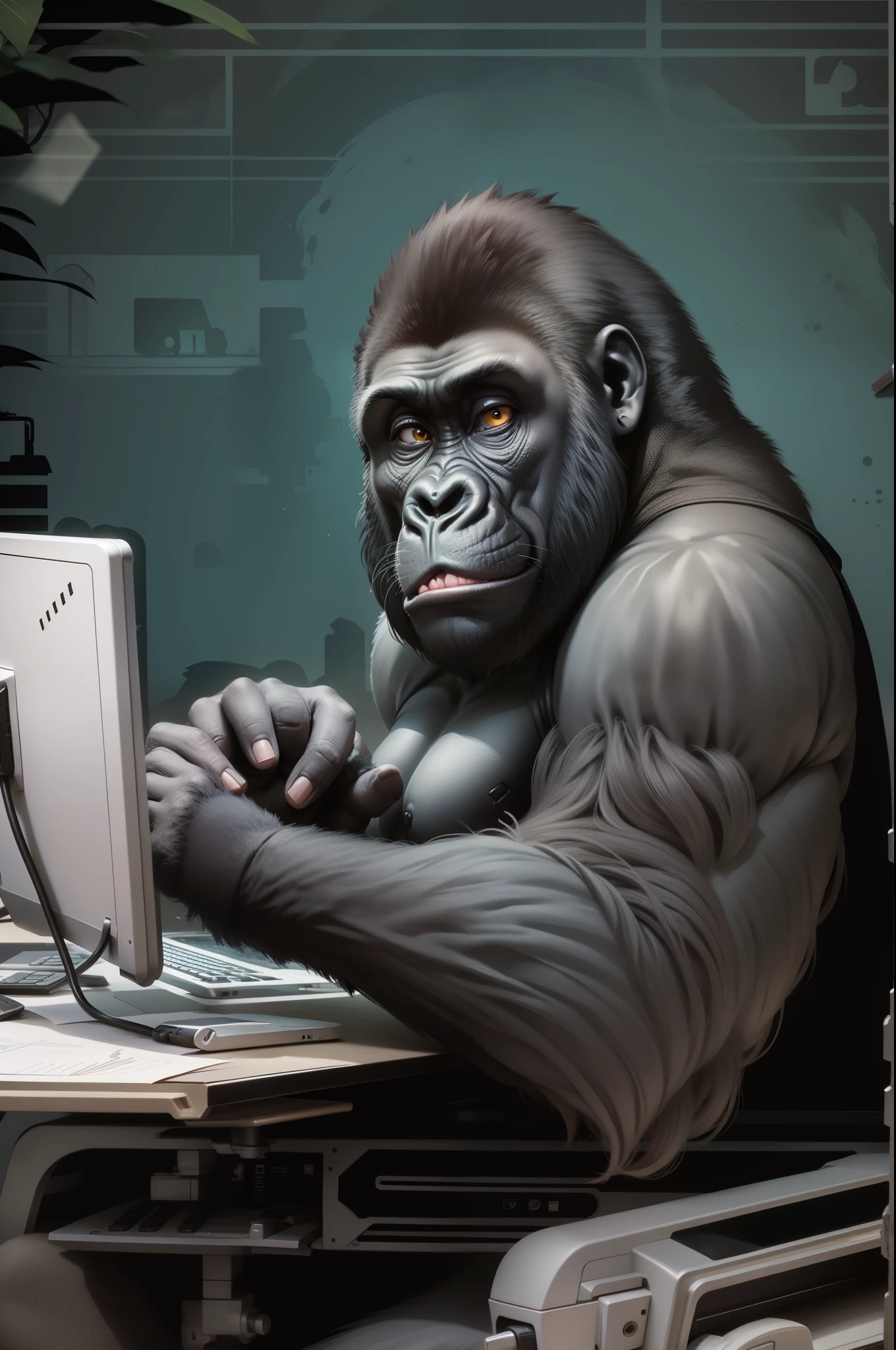 Gorilla with vector illustration with computer mouse in hand
