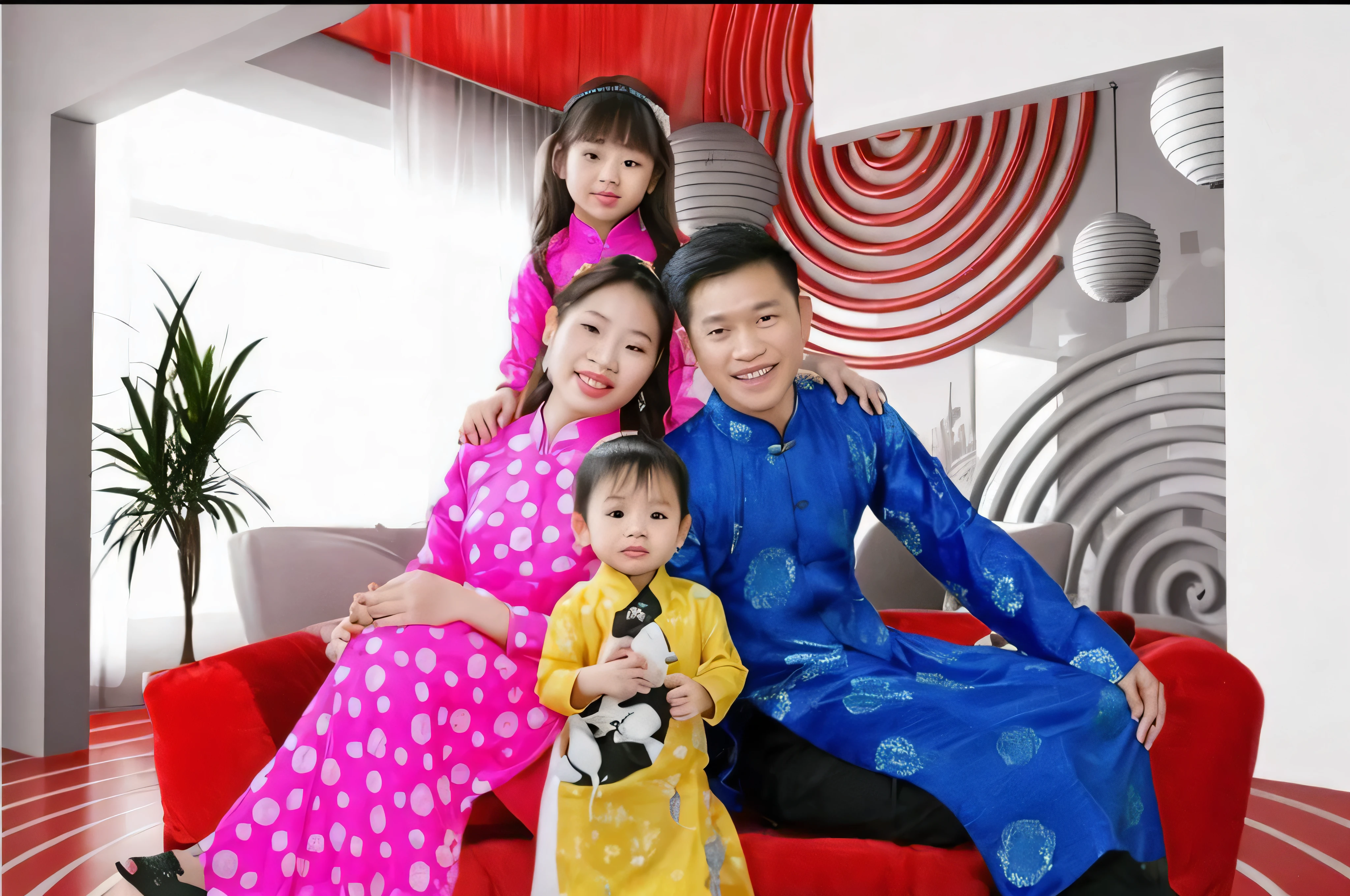 Arafed family sitting on a red couch in a living room - SeaArt AI