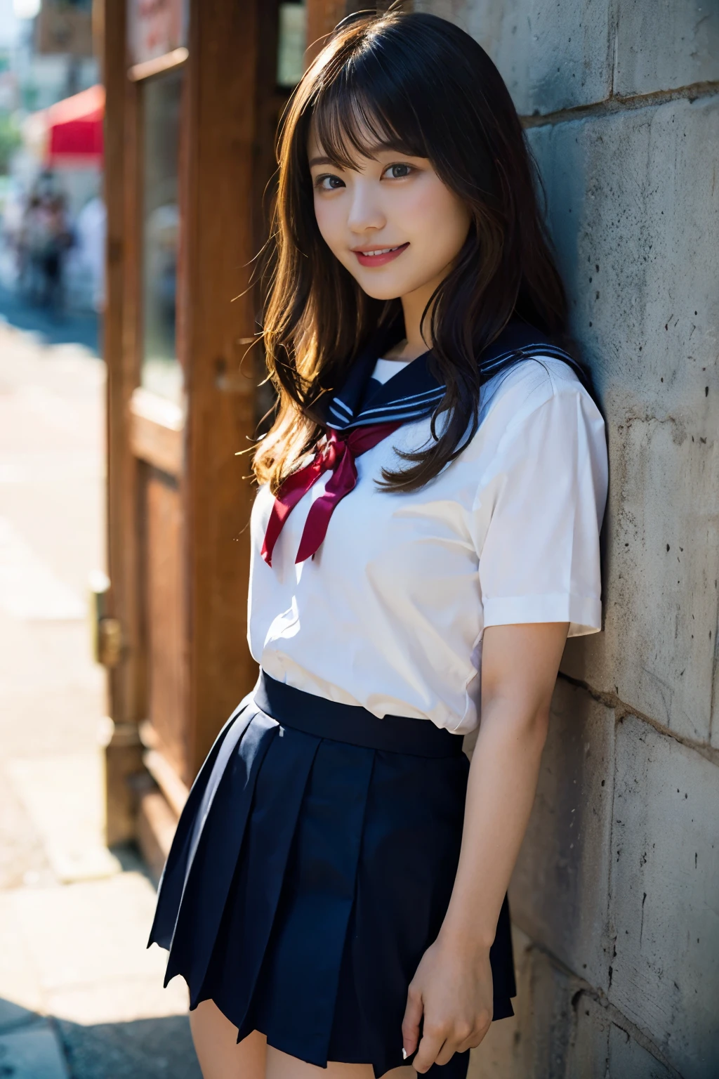 (8K、Raw photography、top-quality、masterpiece:1.2)、(realisitic、Photorealsitic:1.37)、ultra-detailliert、超A high resolution、女の子1人、see the beholder、beautifull detailed face、A smile、Constriction、(Slim waist) :1.3)、Beautiful detailed skin、Skin Texture、Floating hair、Professional Lighting、Whole human body、Longhaire、a blond、japanese hight school uniform、a sailor suit、Bob Hair、E-cup、Happy smile、、Red ribbons、a baby face、Childisuppin、Moisturizing lips、Thin pink lips、Dark blue skirt、Dark blue knee-high socks、white thighhig、Healthy body、full bodyesbian