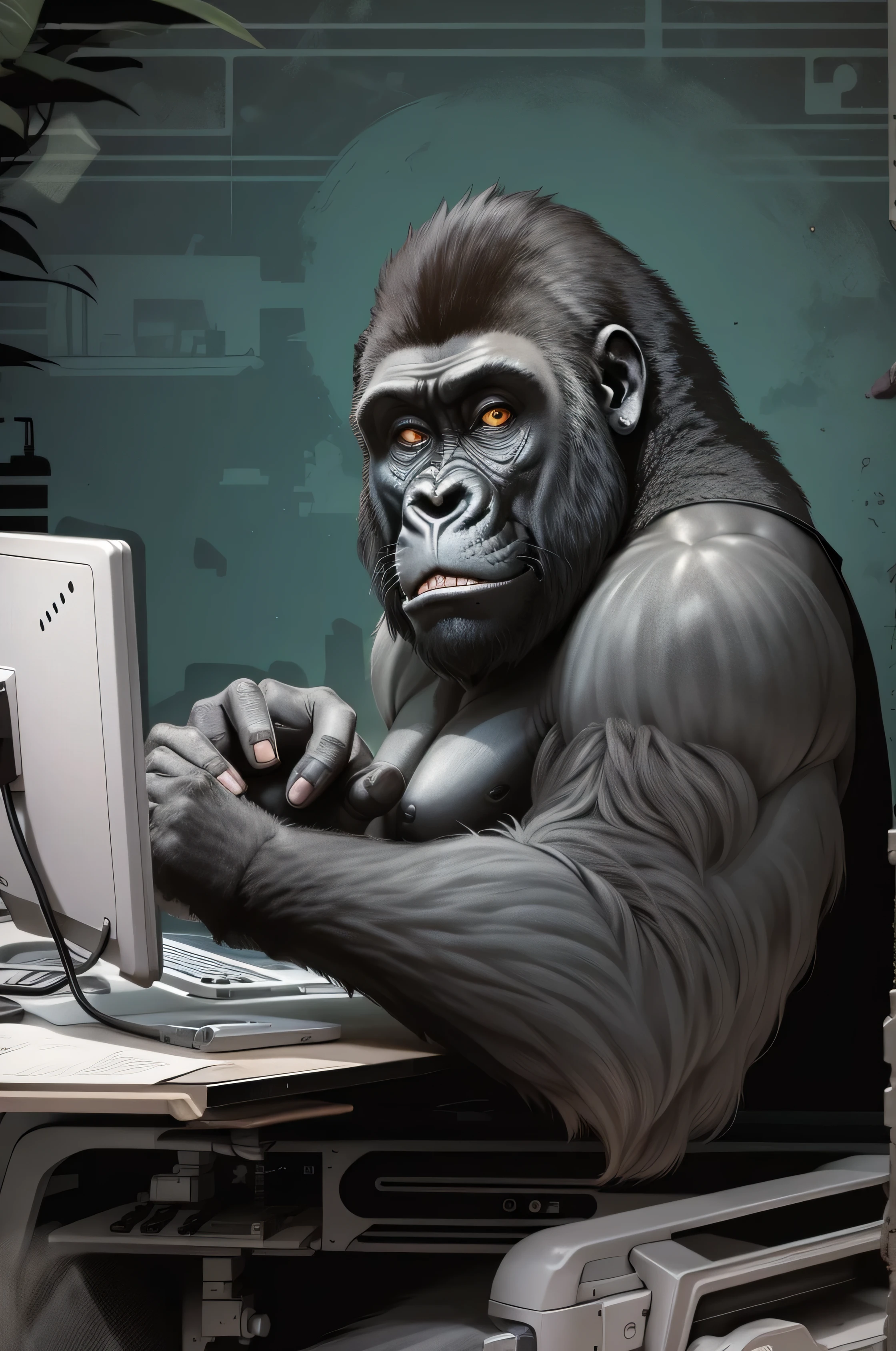 Gorilla with vector illustration with computer mouse in hand