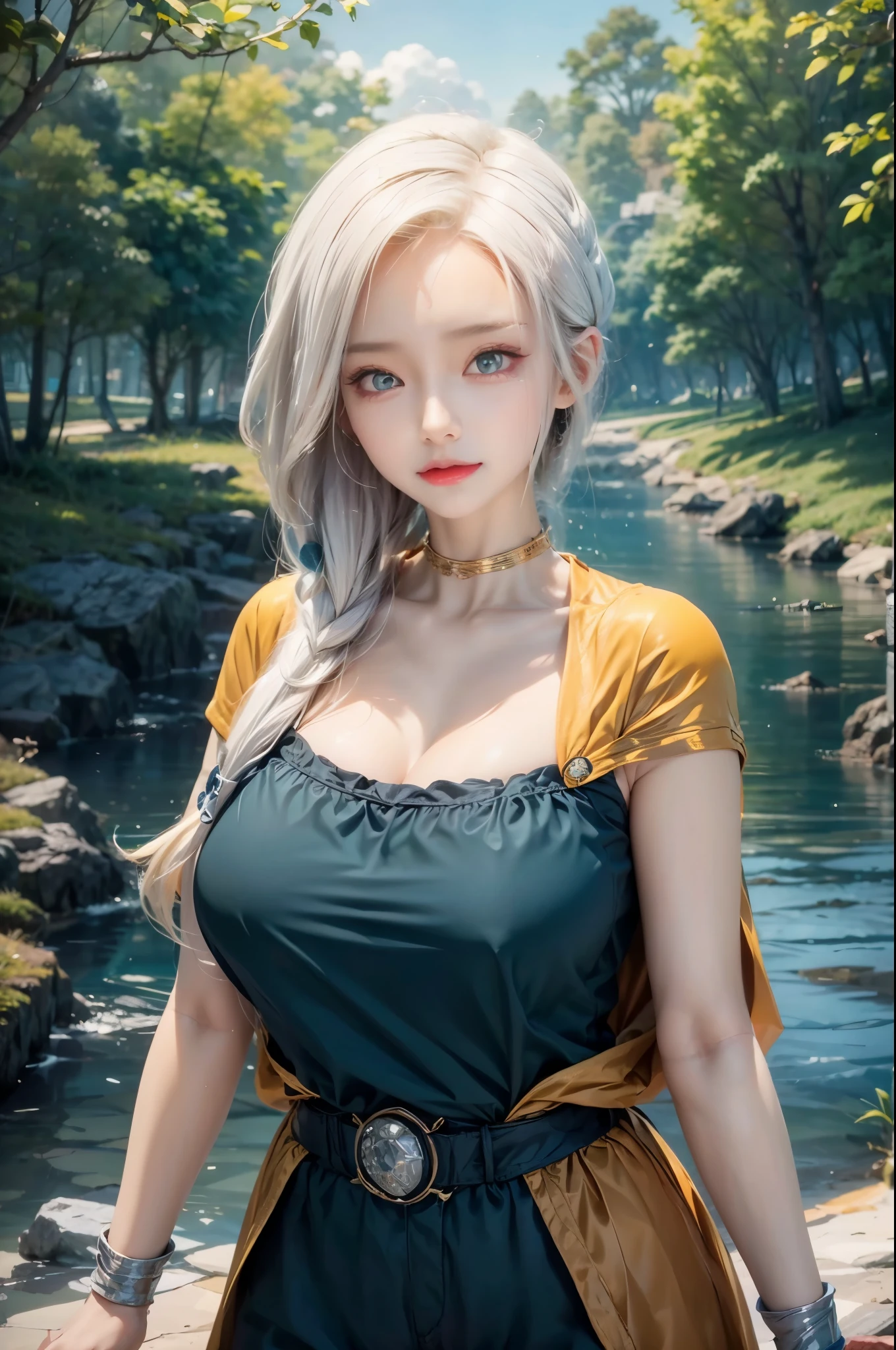 realistic, 1 women, best quality, 12k, HD, long hair, big round breasts, cleavage, ponytail, necklace, jewelry, shorts, short jacket, slim hips, hair tie, yellow eyes, black hair, super detailed, Eye details, hair details, person details, mouth details, face details, breast details, clothes details, hair details, pants details, hand details, whole body