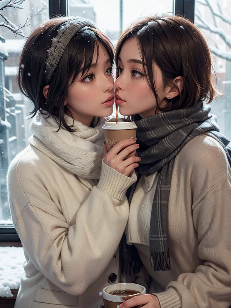 short hair, scarf, sweater, snow, window, snowfall, close, Drinking coffee, vapor, (2girls, soulmate, eye contact, cheek to cheek, kiss:1.2)