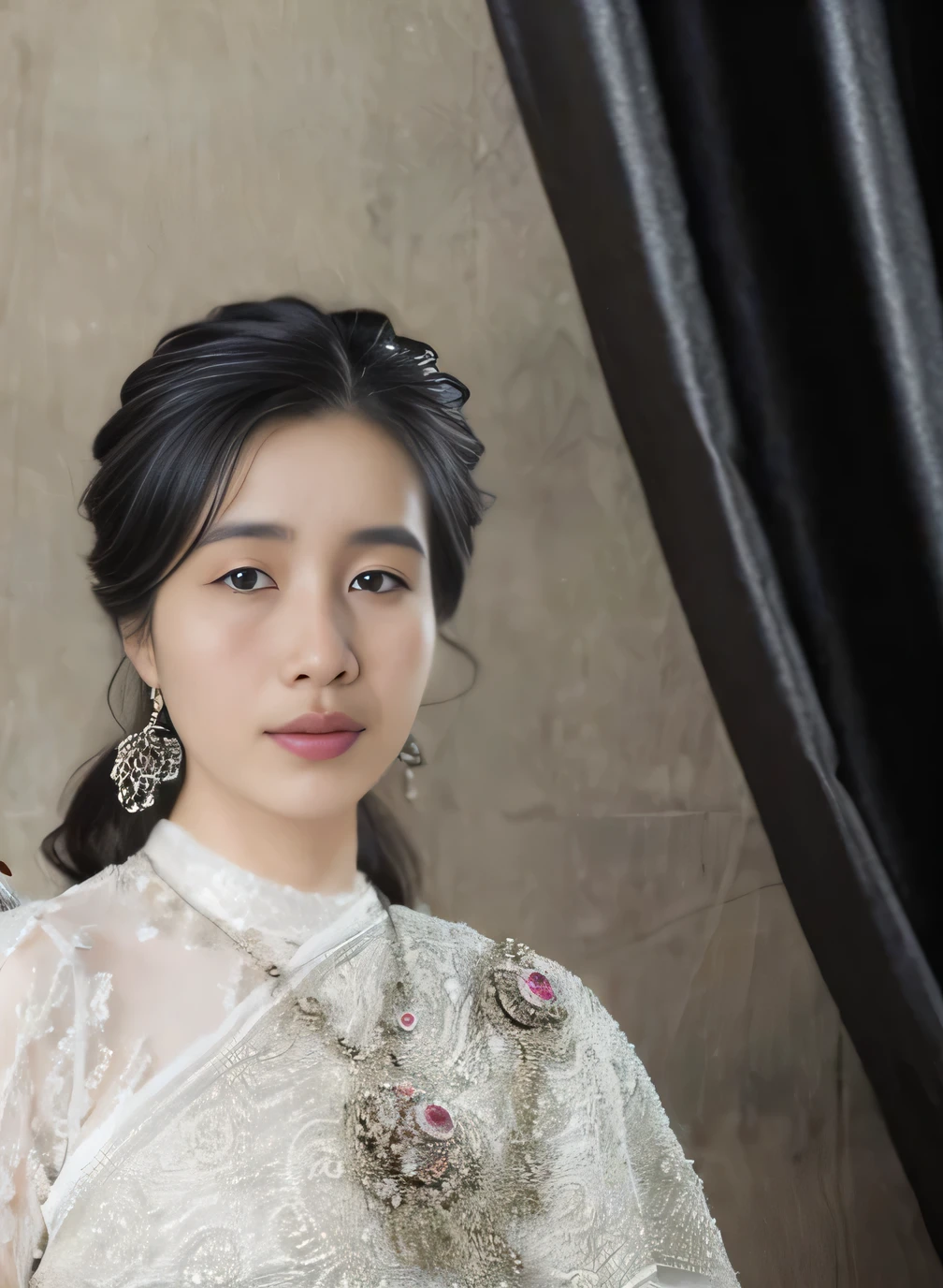 There was a woman in a white dress posing for a photo.., palace ， girl in hanfu, portrait of a young empress, In Laman style, Inspiration from Qiu Ying, Inspired by Tang Yifen, Southeast Asians with round faces, Chinese princess, Inspired by Zhang Yin, young asian woman, him already&#39;Coverart, Go to DAI