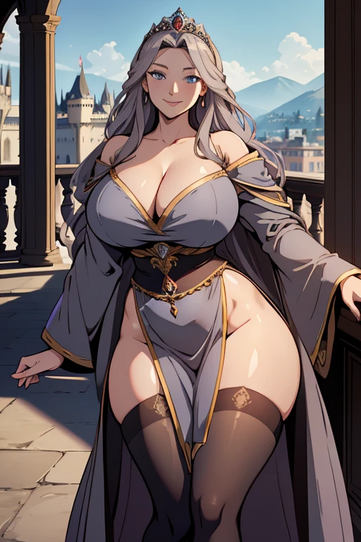 highres, masterpiece, huge breasts, thick thighs, wide hips, thighhighs, robe, royal robe, (pelvic curtain), blue eyes, long hair, seductive smile, tiara, gray hair, balcony, castle in background, (v-neck), brown dress