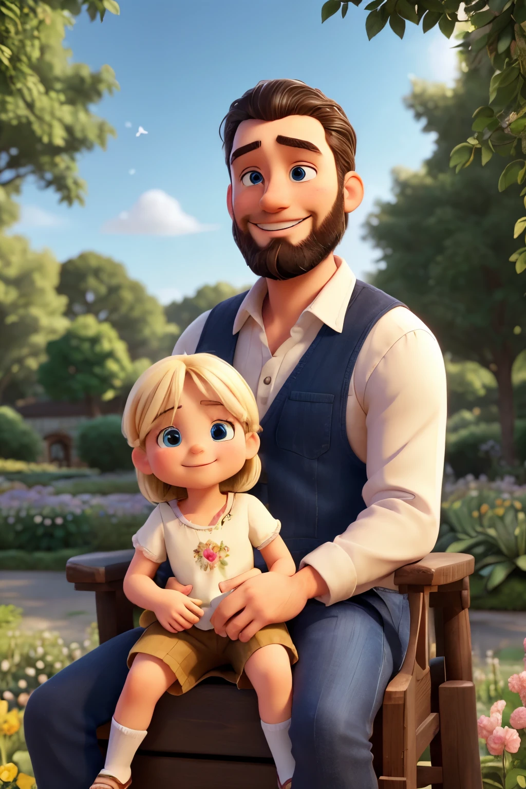 (highres,realistic),white man,black hair,blue eyes,beard,with his blonde daughter on his lap,full body,happy,fatherly love,gentle,garden background,soft sunlight,family bonding,joyful expressions,lush greenery,colorful flowers,togetherness,vibrant colors,thick eyebrows,facetattoo,natural beauty,happiness,affectionate hug,adorable,innocent,happy childhood,memory,precious moments,magical atmosphere,crisp air,wholesome,pure love, daughter