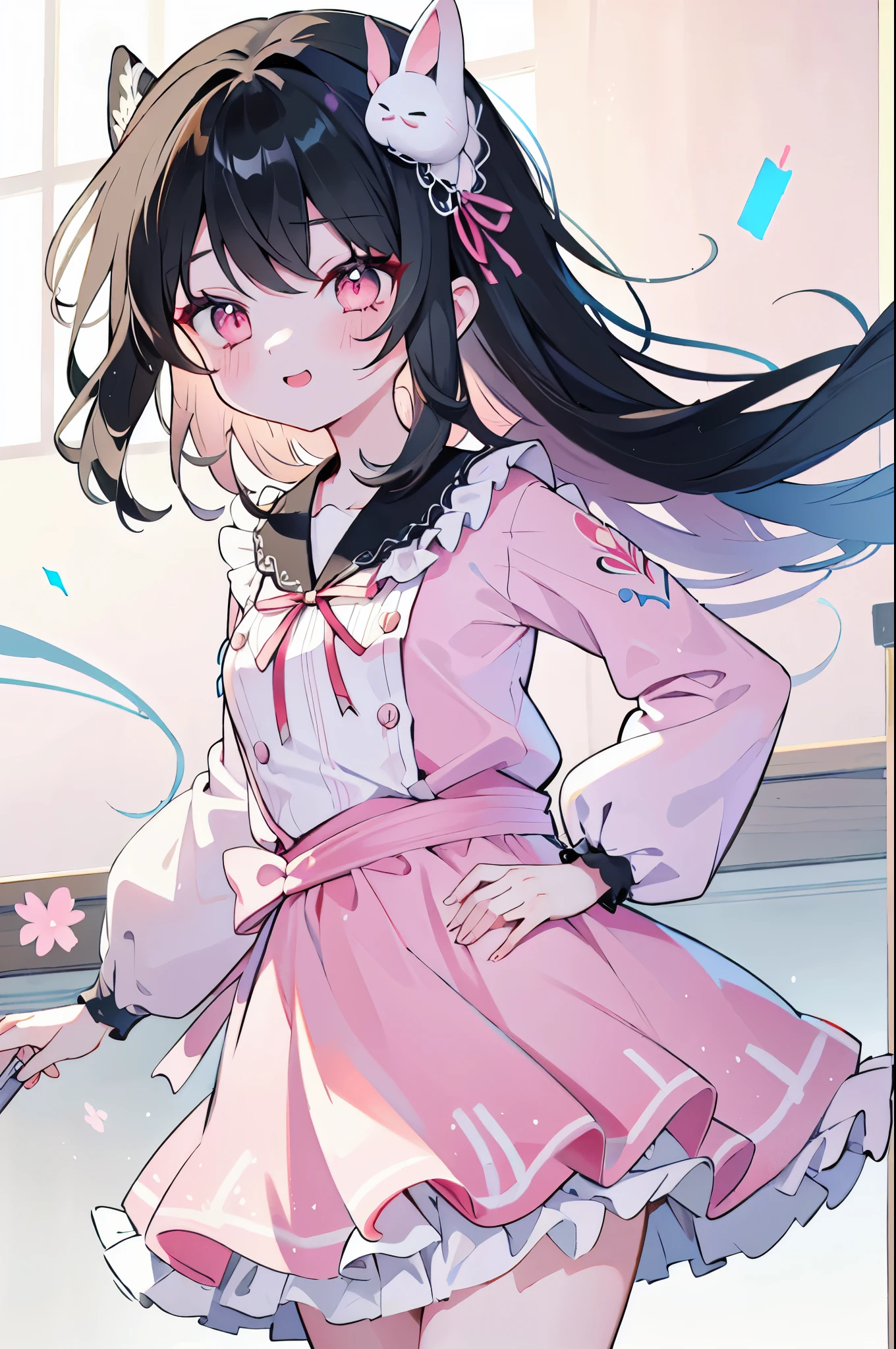 azhiichigo style,Bold line, cute,,Yukura.Khoico,Upper body,cuteスタイル,1 girl,consistency,naughty face,smile,wavy hair,black hair,Crimson Eye,(frilly clothes, Lace and ribbon:1.2),(Pastel Color Style:1.1),put your hands on your hips,Cheeky face,White and pink clothes,highest quality,masterpiece,very small breasts,squat