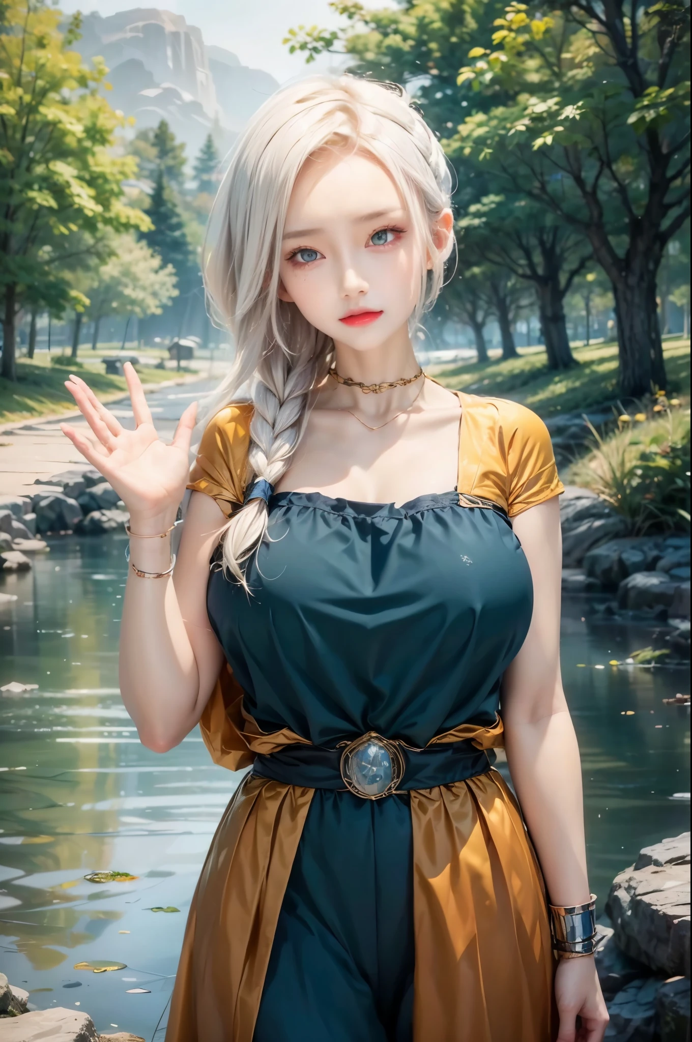 realistic, 1 women, best quality, 12k, HD, long hair, big round breasts, cleavage, ponytail, necklace, jewelry, shorts, short jacket, slim hips, hair tie, yellow eyes, black hair, super detailed, Eye details, hair details, person details, mouth details, face details, breast details, clothes details, hair details, pants details, hand details, whole body