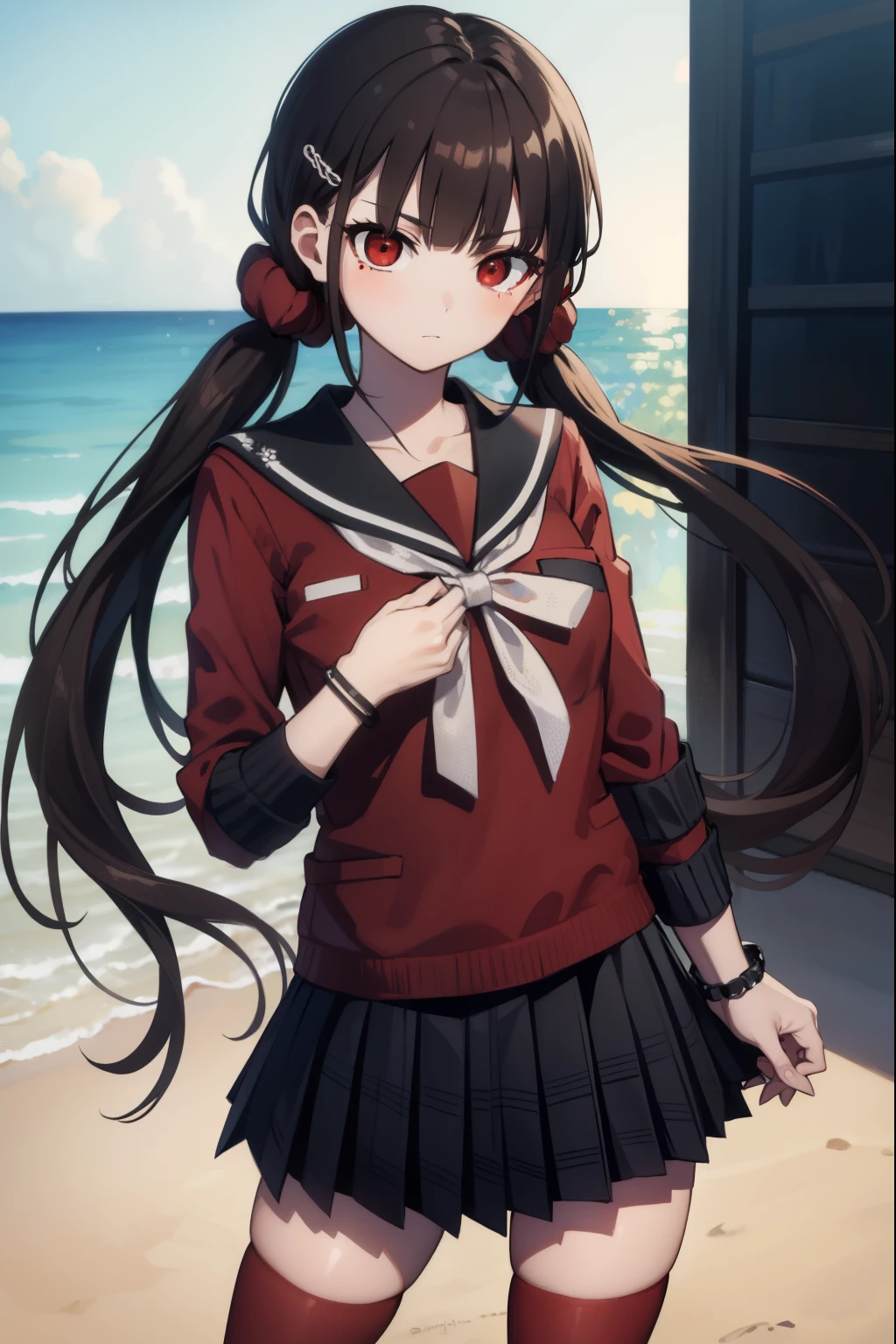 makiharukawa, harukawa maki, long hair, bangs, brown hair, black hair, hair ornament, (red eyes:1.5), twintails, very long hair, hairclip, blunt bangs, mole under eye, low twintails, scrunchie, hair scrunchie, red scrunchie, (small breast:1.2), BREAK skirt, shirt, thighhighs, long sleeves, bow, school uniform, pleated skirt, serafuku, miniskirt, black skirt, sailor collar, mole, bracelet, zettai ryouiki, plaid, plaid skirt, red shirt, black sailor collar, red thighhighs, BREAK looking at viewer, BREAK outside, beach, BREAK (masterpiece:1.2), best quality, high resolution, unity 8k wallpaper, (illustration:0.8), (beautiful detailed eyes:1.6), extremely detailed face, perfect lighting, extremely detailed CG, (perfect hands, perfect anatomy),