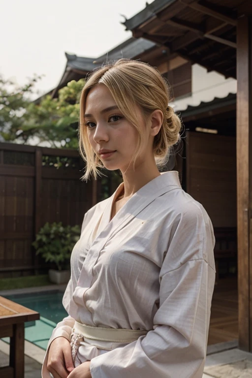 Blonde, thin Instagram girl gracefully, shibari, yukata
