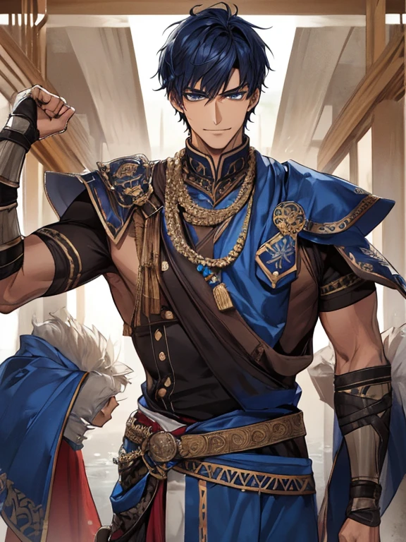 ((muste piece)), ((best quality)), ((brown skin)), ((dark blue eyes)), ((Dark blue hair))、handsome man , ((very very short hair)), masculine、tall、sexy、Adult man、Three white eyes、handsome man、firmly、muscular、broad shoulders、smile、wild、とてもwild、(((warrior)))