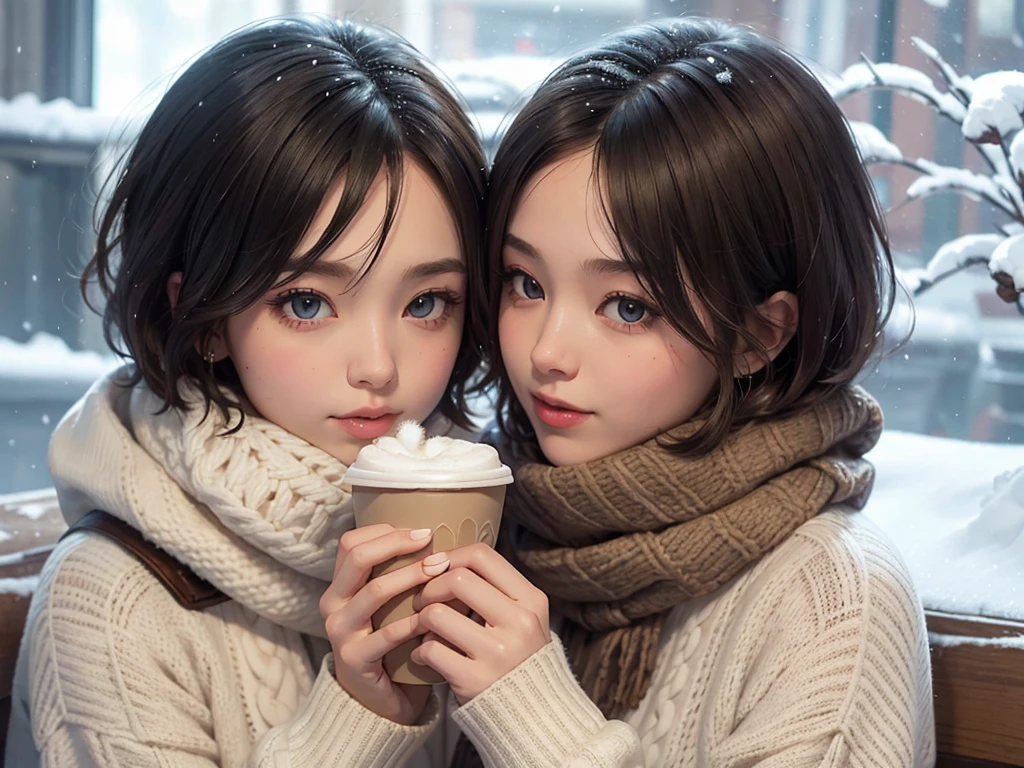 short hair, scarf, sweater, snow, window, snowfall, close, Drinking coffee, vapor, 2girls, soulmate, eye contact, cheek to cheek, kiss