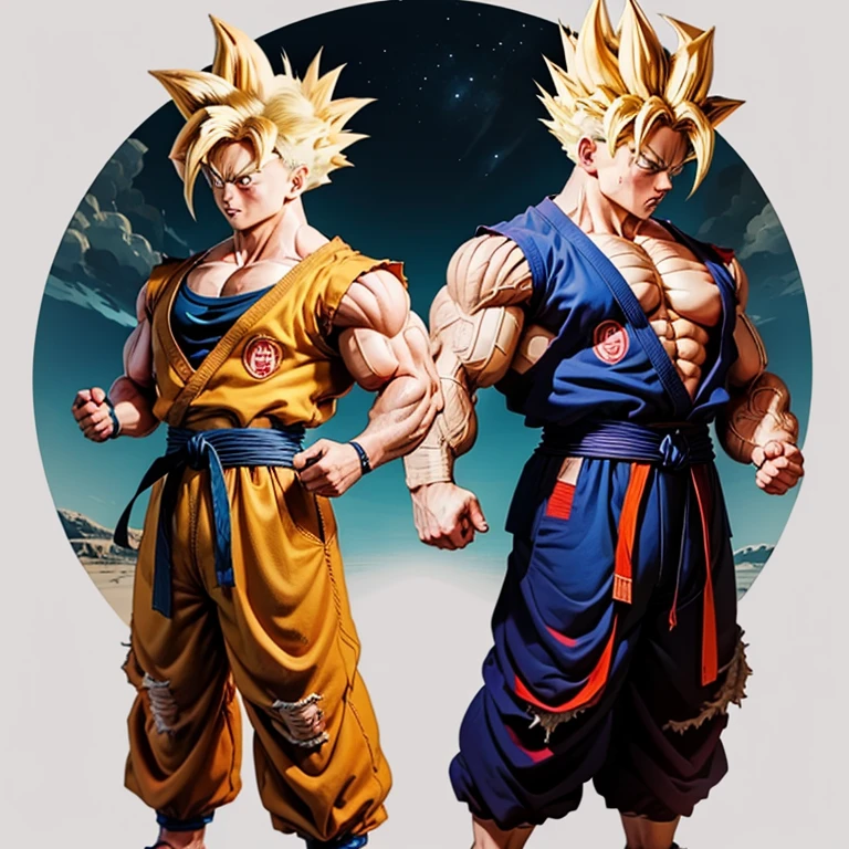 Goku im zerrissenen Karate Anzug, goku carries a karate gi barefoot, muscular physique, goku Power Bodybuilding,Huge muscular biceps, breite, muscular shoulders, Bauchmuskeln, Abs, Her big muscles rip through her karate gi, Full body image, Meisterwerk, Highest details, high resolution