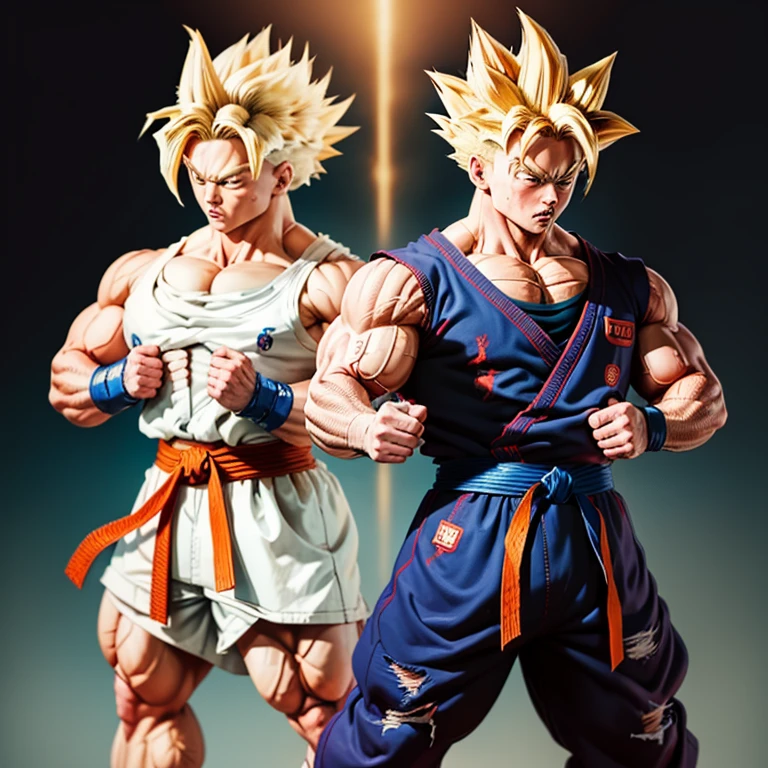 Goku im zerrissenen Karate Anzug, goku carries a karate gi barefoot, muscular physique, goku Power Bodybuilding,Huge muscular biceps, breite, muscular shoulders, Bauchmuskeln, Abs, Her big muscles rip through her karate gi, Full body image, Meisterwerk, Highest details, high resolution