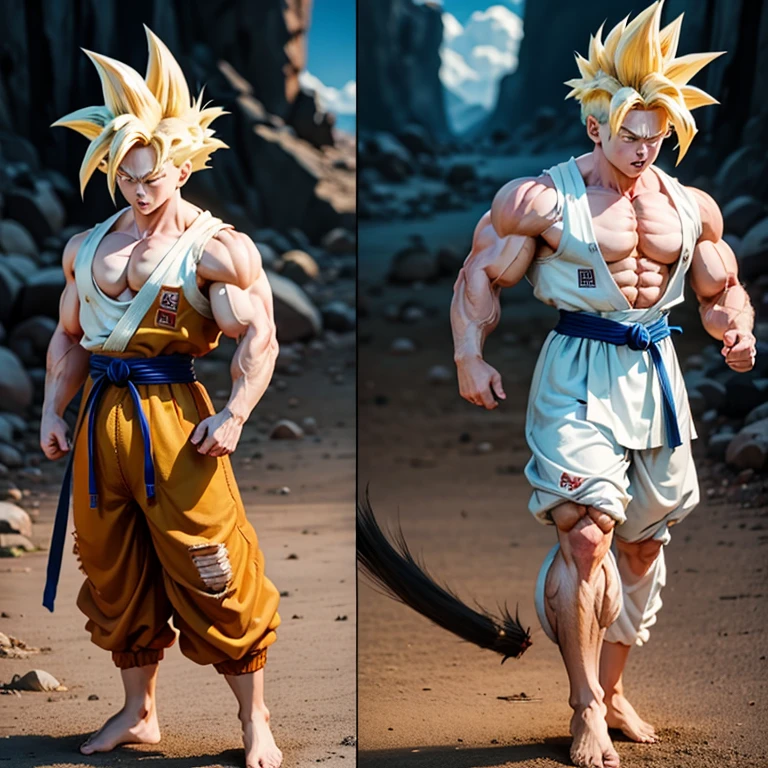 Goku im zerrissenen Karate Anzug, goku carries a karate gi barefoot, muscular physique, goku Power Bodybuilding,Huge muscular biceps, breite, muscular shoulders, Bauchmuskeln, Abs, Her big muscles rip through her karate gi, Full body image, Meisterwerk, Highest details, high resolution