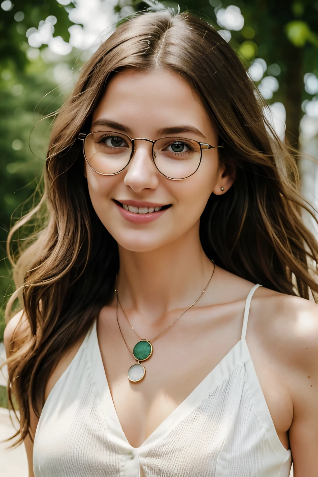 Chloe, 25 years old, brunette, wavy long hair, radiant smile, green eyes, stylish glasses, casual outfit - jeans and a white blouse, bare shoulders shining in the sun, simple necklace with a pendant, playfully looking at the camera, realistic rendering, detailed focus on her expressive eyes and the wrinkles around them, capturing her charismatic and intellectual personality.