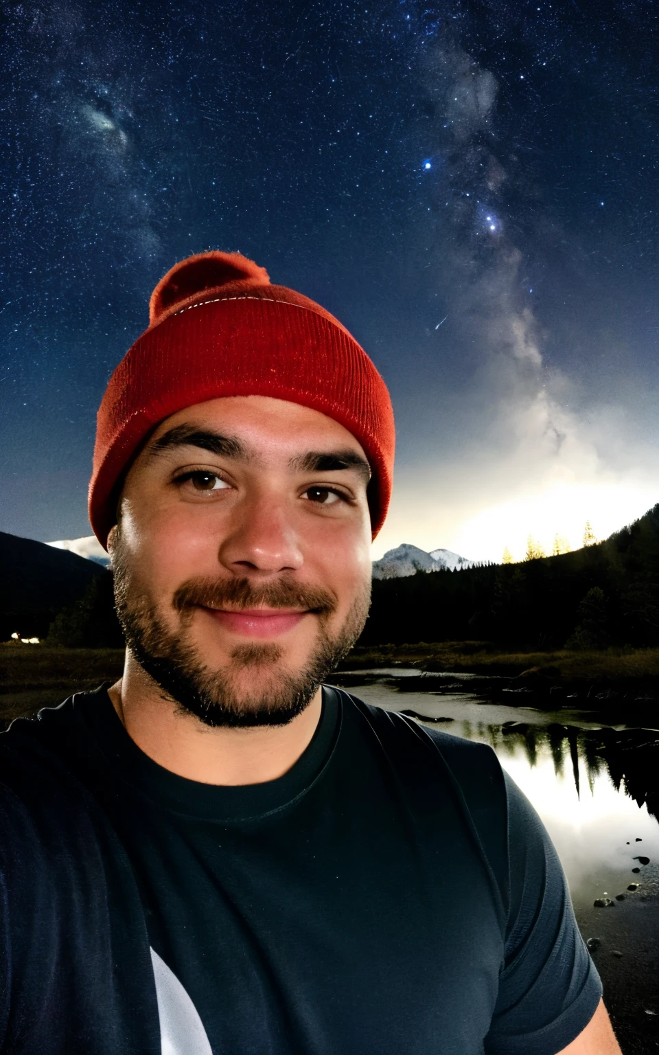 photograph, photo of beautiful man, selfie, upper body, solo, wearing t shirt , outdoors, (night), mountains, real life nature, stars, moon, cheerful, happy, , beanie, forest, rocks, river, wood, smoke, fog, looking at viewer, skin texture, photo grain, close up, RAW photo