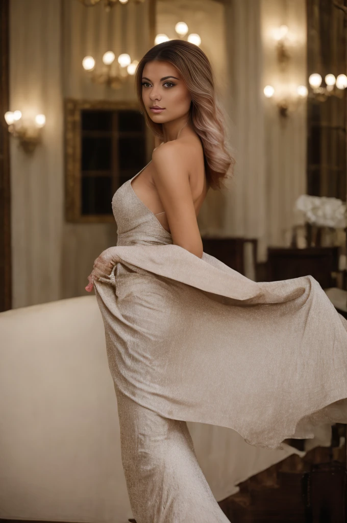 Photograph of Erika taken from a side profile at an ultra-chic gala event. She is dressed in an exquisite and sophisticated evening gown that exudes elegance and style. The gown should be detailed and luxurious, highlighting her silhouette gracefully. The setting is a lavish gala, with opulent decorations and an ambiance of high-class sophistication. Emphasize the luxurious fabric of her gown and the refined beauty of her profile, including her hairstyle and makeup that complement her chic attire. The background should capture the grandeur of the gala, with soft, ambient lighting that adds a glamorous and refined touch to the overall sc