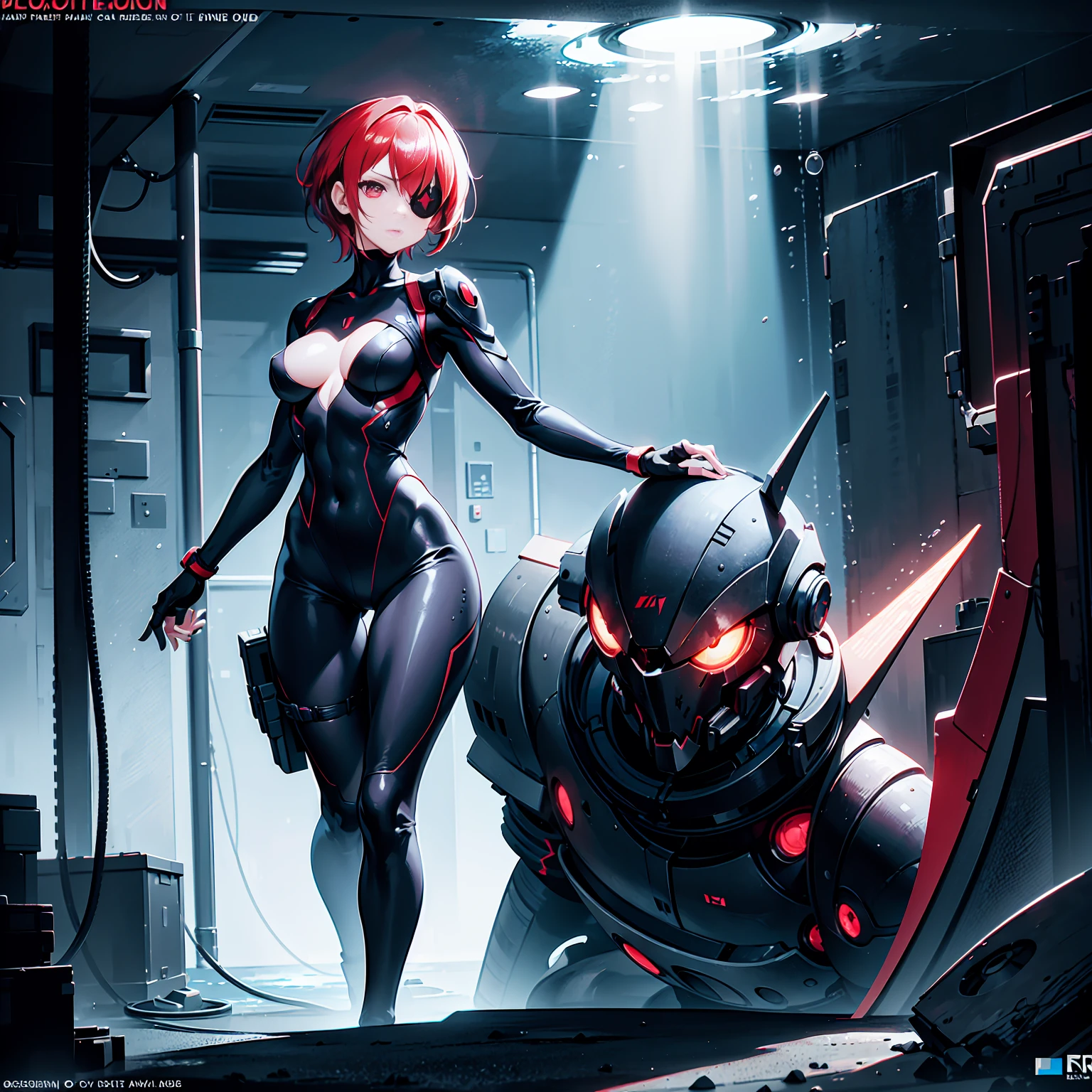 masterpiece, best quality, masterpiece, best quality, finely detail, beautiful detailed eyes, ultra detailed, extremely beautiful CG, super detailed skin, best quality, intricate, {{high quality}}, extra colors, 2D, megapixel, perfectionism, accent lighting, full HD, 4K, villain, dark heroine, 1girl, full body, 1girl, solo female, mature female, full body, contrapposto, resident evil laboratory, metal gear solid v, metroid underwater level, collarbone, red hair, red eyes, short hair, beautiful detailed eyes, weird red hair, short red hair, evil, medium_breasts, best quality, beautifully detailed face, ray tracing, DOF,HDR, thighhighs, fingerless_gloves, skintight clothe, fully clothed, gloves, (eye patch on left eyes:1,2 ), sneaking_suit, tactical gear, tactical uniform, camouflage bodysuit, skintight bodysuit, sneaking_suit, tactical gear, full clothed, indoors, horror movie ambience, character scale for the background, underwater ambience background, science fiction background, indoor, underwater base background, glowing, underwater base, deep water, official art, water infiltration, deep water through window, Pipeline under water, science fiction laboratory, underwater science fiction laboratory background, low water level on ground, corridor, submarine interior,
