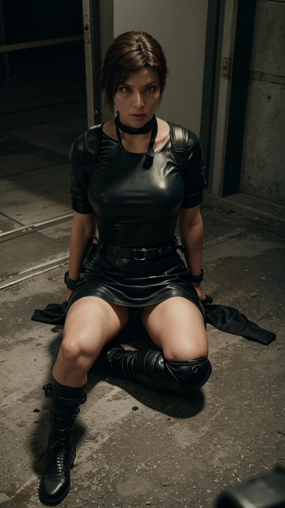 handcuffed beautiful girl, handcuffs, handcuffed, hands behind back, bondage, full body visible, police uniform, restrained, arrested, tied up, hands tied, Jill valentine, resident evil