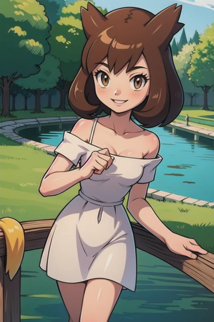 Bianca (pokemon heroes), 1 girl, solo, brown hair, brown eyes, white dress, off shoulders, close-up-view, intricate details, sharp focus, high resolution, the background of beautiful flower park with trees and canals, beautiful sunny day, Smile