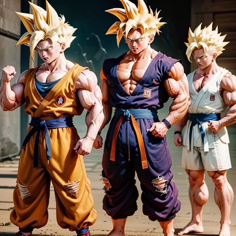 Goku im zerrissenen Karate Anzug, goku carries a karate gi barefoot, muscular physique, goku Power Bodybuilding,Huge muscular biceps, breite, muscular shoulders, Bauchmuskeln, Abs, Her big muscles rip through her karate gi, Full body image, Meisterwerk, Highest details, high resolution