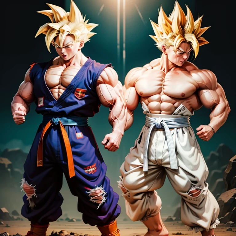 Goku im zerrissenen Karate Anzug, goku carries a karate gi barefoot, muscular physique, goku Power Bodybuilding,Huge muscular biceps, breite, muscular shoulders, Bauchmuskeln, Abs, Her big muscles rip through her karate gi, Full body image, Meisterwerk, Highest details, high resolution