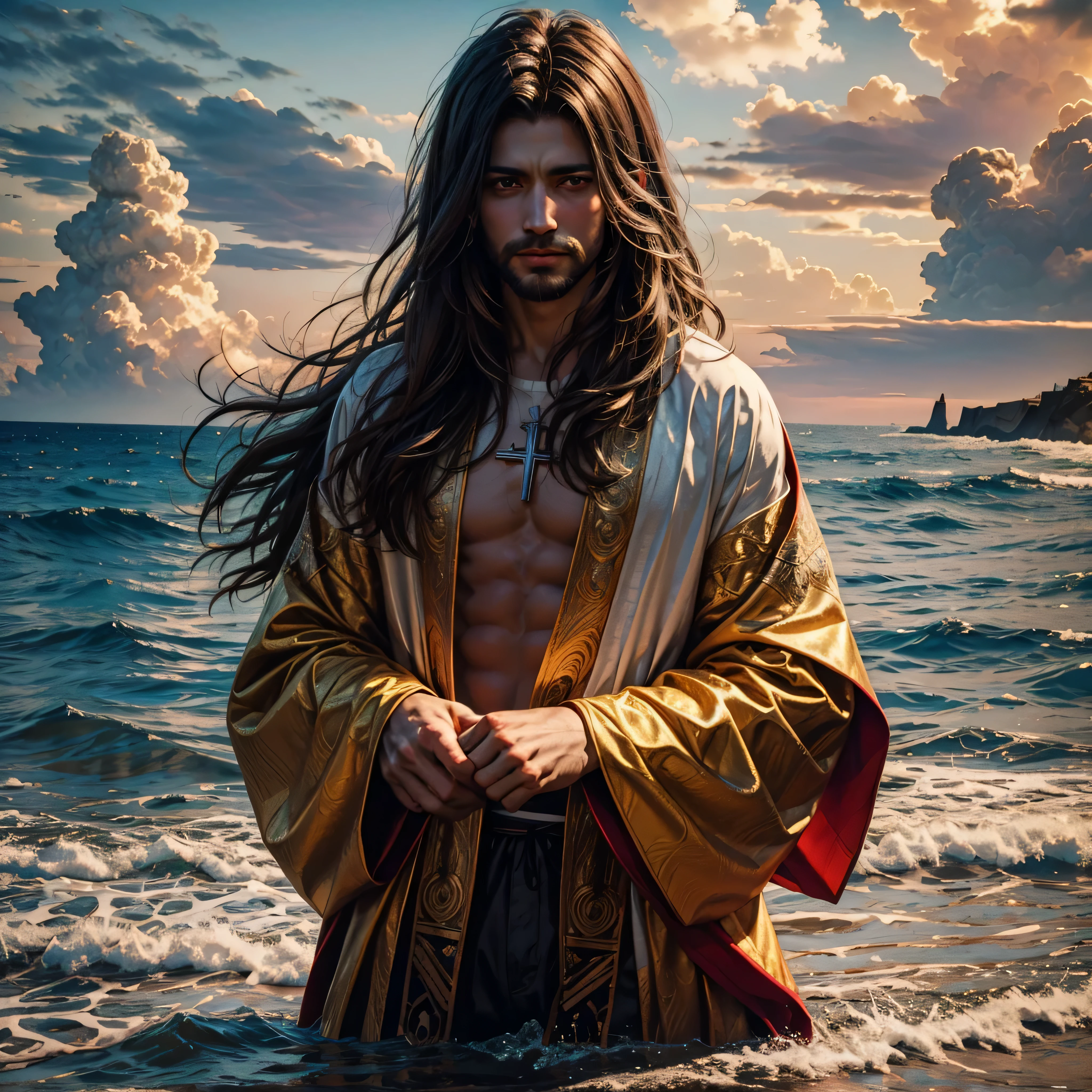 Sunset Spacious Sunrise sunshine, A handsome god Jesus christ ( jesus) blessing to the sky 35 years old with a long brown hair and long beard, healing woman, heaven blessings light with a cross background) happy face, ultra pro-realistic ,A beautiful ultra-thin realistic portrait of Jesus, the prophet, a man 35 years old Hebrew brunette, short brown hair, real perfect eyes, long brown beard, with, Helping People , wearing long linen tunic closed on the chest part, in front view, full body, biblical, ultra pro-realistic,by Diego Velázquez,Peter Paul Rubens,Rembrandt,Alex Ross,8k, Concept Art, ultra pro PhotoRealistic, Realistic, Illustration, Oil Painting, Surrealism, HyperRealistic, helping people , Digital art, style, watercolorReal Jesus flying on sky with a flying cloud in the background, Jesus walking on water, biblical illustration, epic biblical representation, forcing him to flee, coming out of the ocean, ! holding in hand!, disembarking, god of the ocean, beautiful representation, 3D Model, realistic, a 3D Realistic of jesus with a halo in the sky, jesus christ, smiling in heaven, portrait of jesus christ, jesus face, 35 young almighty god, portrait of a heavenly god, greg olsen, gigachad jesus, jesus of nazareth, jesus, the face of god, god looking at me, he is greeting you warmly, he is happy, avatar image create a mesmerizing ambiance.optimal bright_color dappled_sunLight meticulously intricate ultra_high-details ultra_high-res hyper pro-Photo-realistic ultra_high-quality ultra_high-def UHD XT3 DSLR HDR extreme improved Octane-rendered opengl-shaders glsl-shader romm rgb pbr shading 3DCG fxaa global illumination cgi vfx sfx fkaa txaa rtx ssao post-processing post-production cell-shading tone-mapping Ultra_sharpness focus accurate max saturate reflex analogique Vivid DSLR color-coded luminescence volumetric Cinematic_Sunrise lightning contrast incandescent Cristallines floraison zentangle fleuraison varied multi etc. --s 1000 --c 20 --q 20 --chaos 100