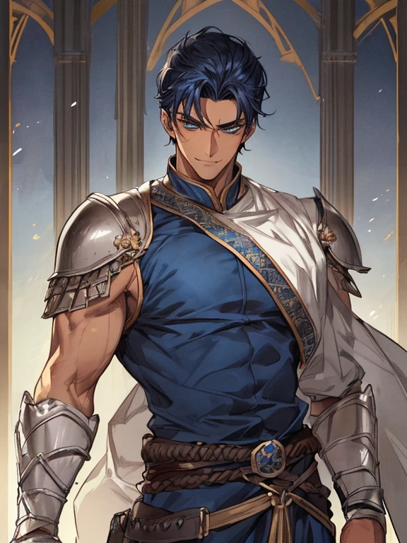 Anime man+light blue skin+ medieval setting+golden eyes+muscular body
