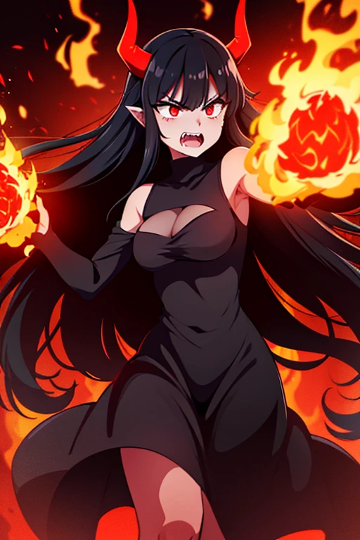 woman demon, raging fury, long black hair, black dress, burning village, black long horns, red glowing eyes